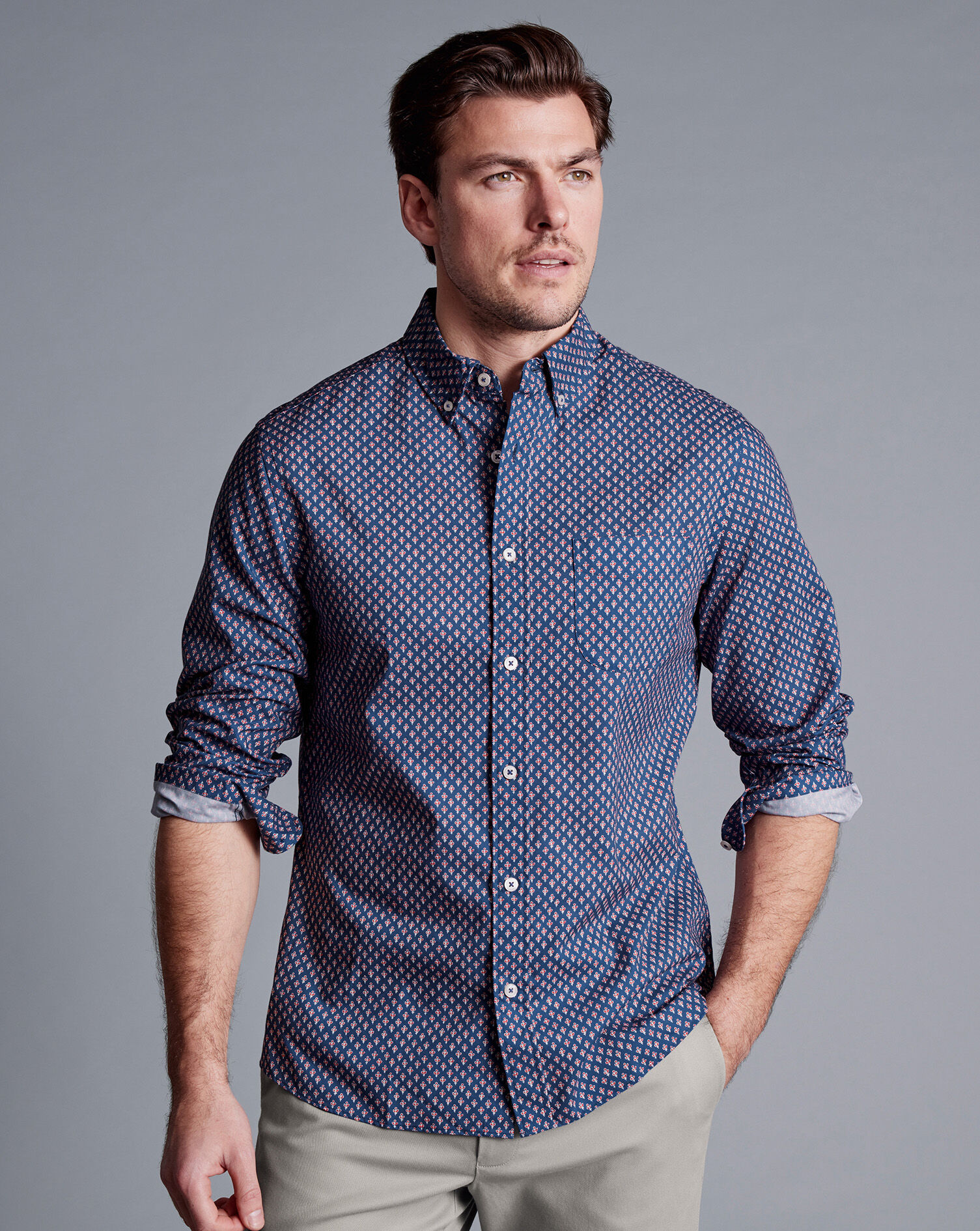 Button-Down Collar Non-Iron Stretch Poplin Leaf Print Shirt  - Royal Blue