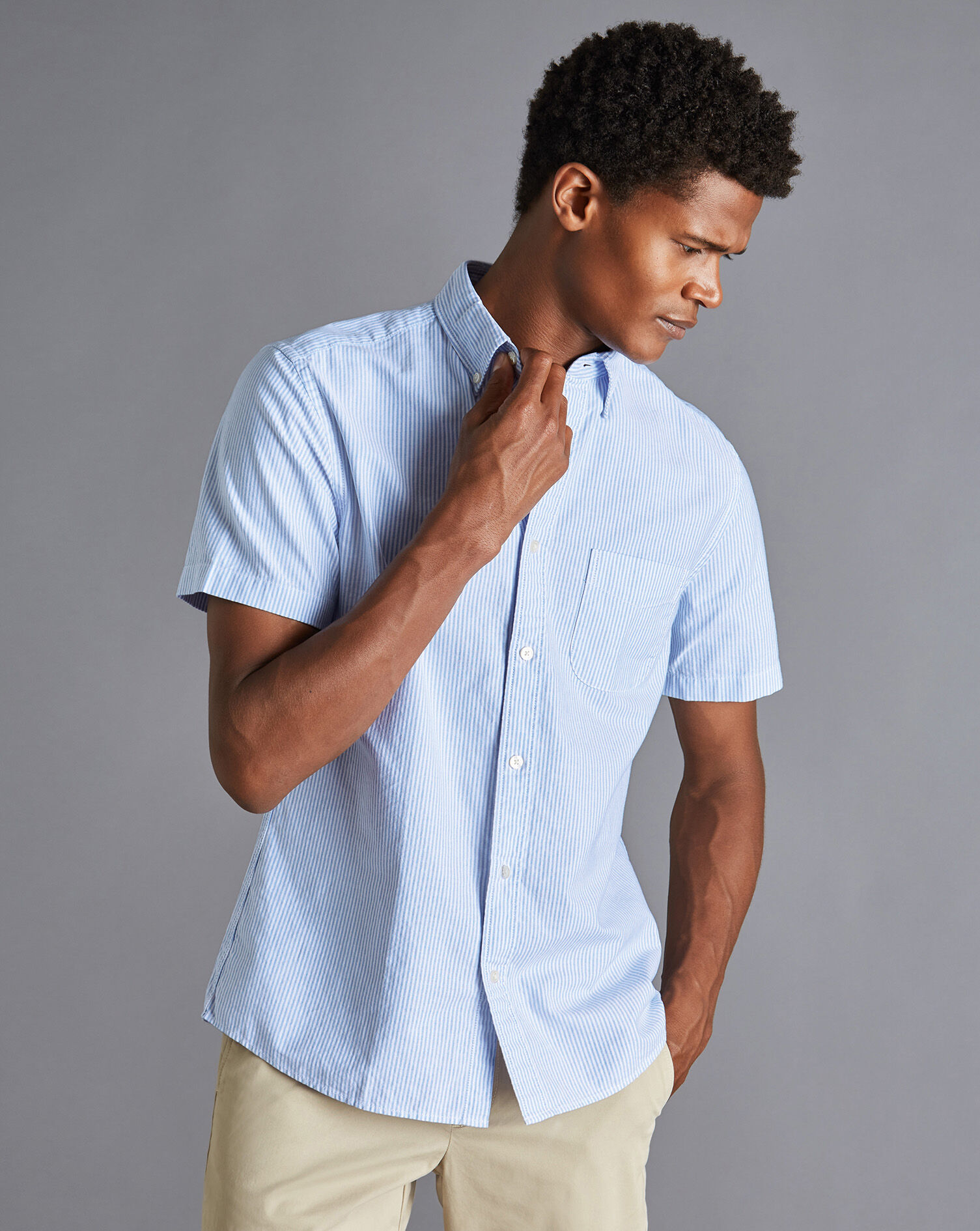 Button-Down Collar Washed Oxford Stripe Short Sleeve Shirt - Ocean Blue