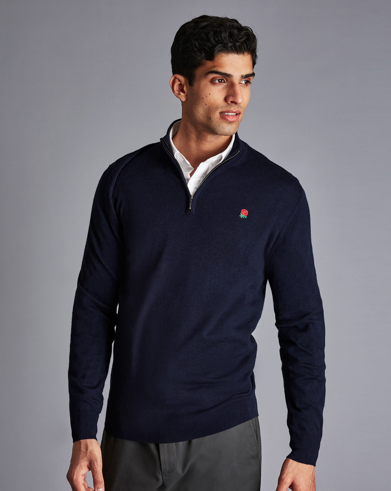 England Rugby Red Rose Merino Zip Neck Sweater  - Navy