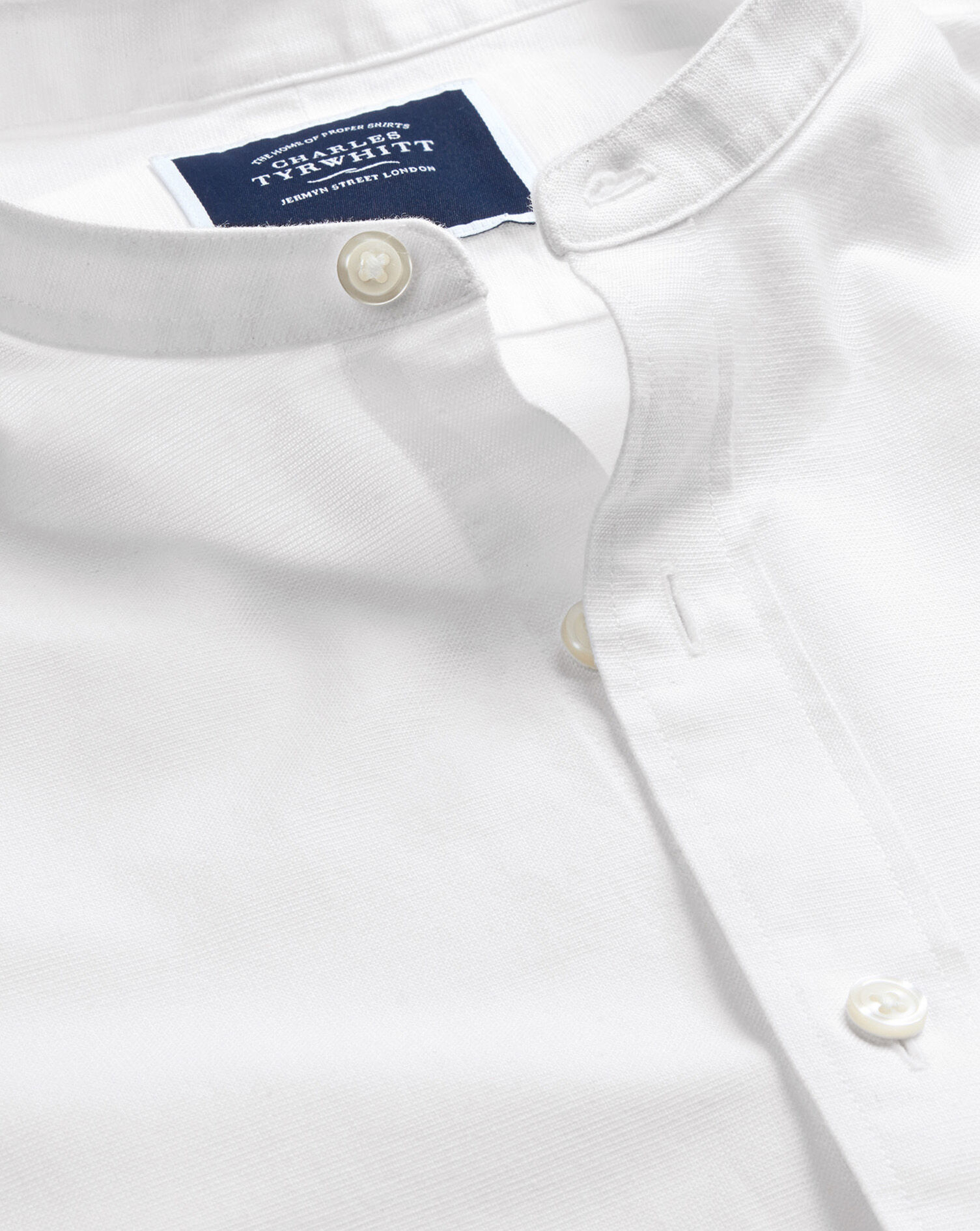 Collarless Cotton Linen Shirt - White