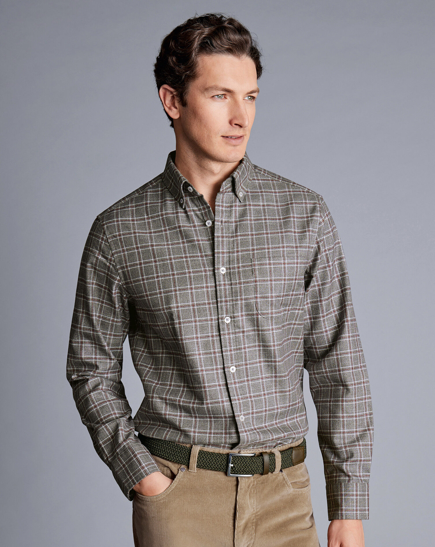 Button-Down Collar Non-Iron Twill Triple Windowpane Shirt - Grey