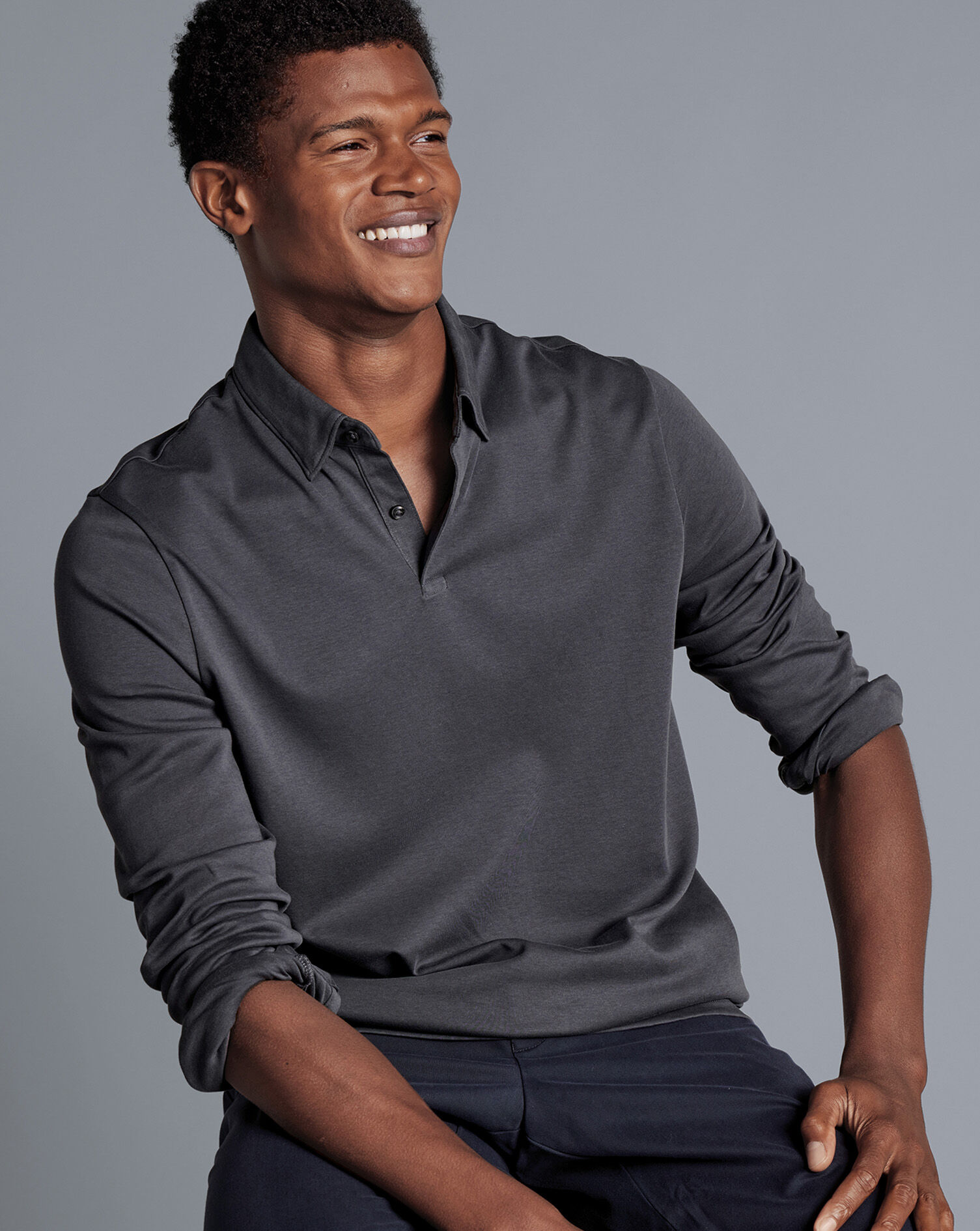 Combed Cotton Long Sleeve Polo - Dark Grey