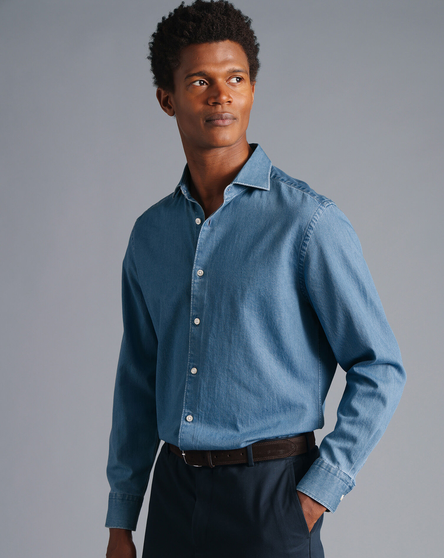 Spread Collar Denim Shirt - Ocean Blue