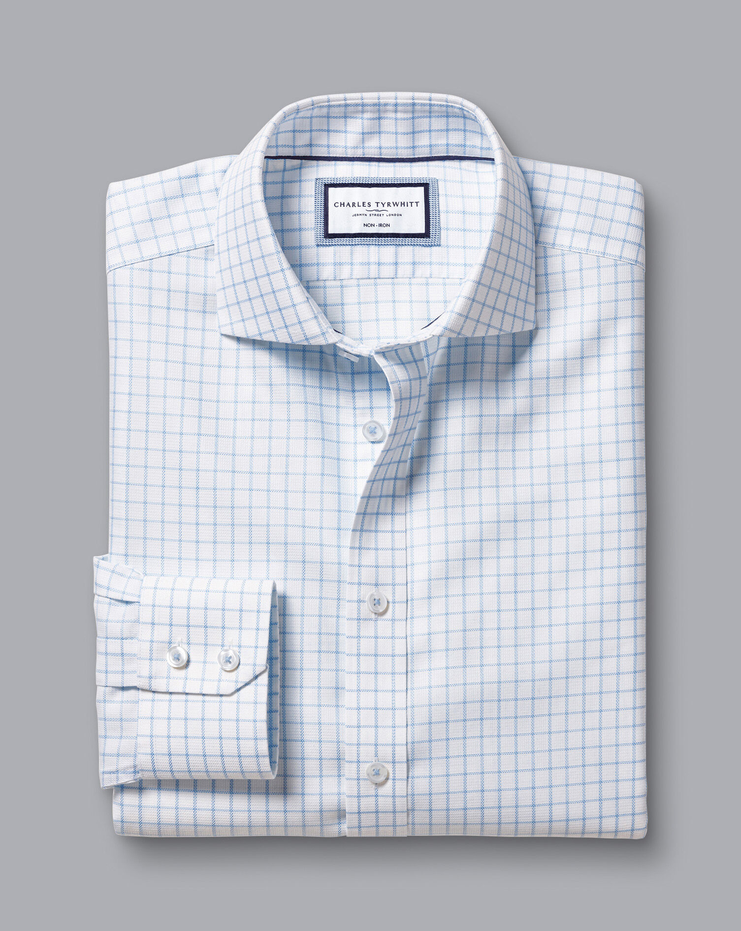 Spread Collar Non-Iron Clifton Weave Check Shirt - Cornflower Blue