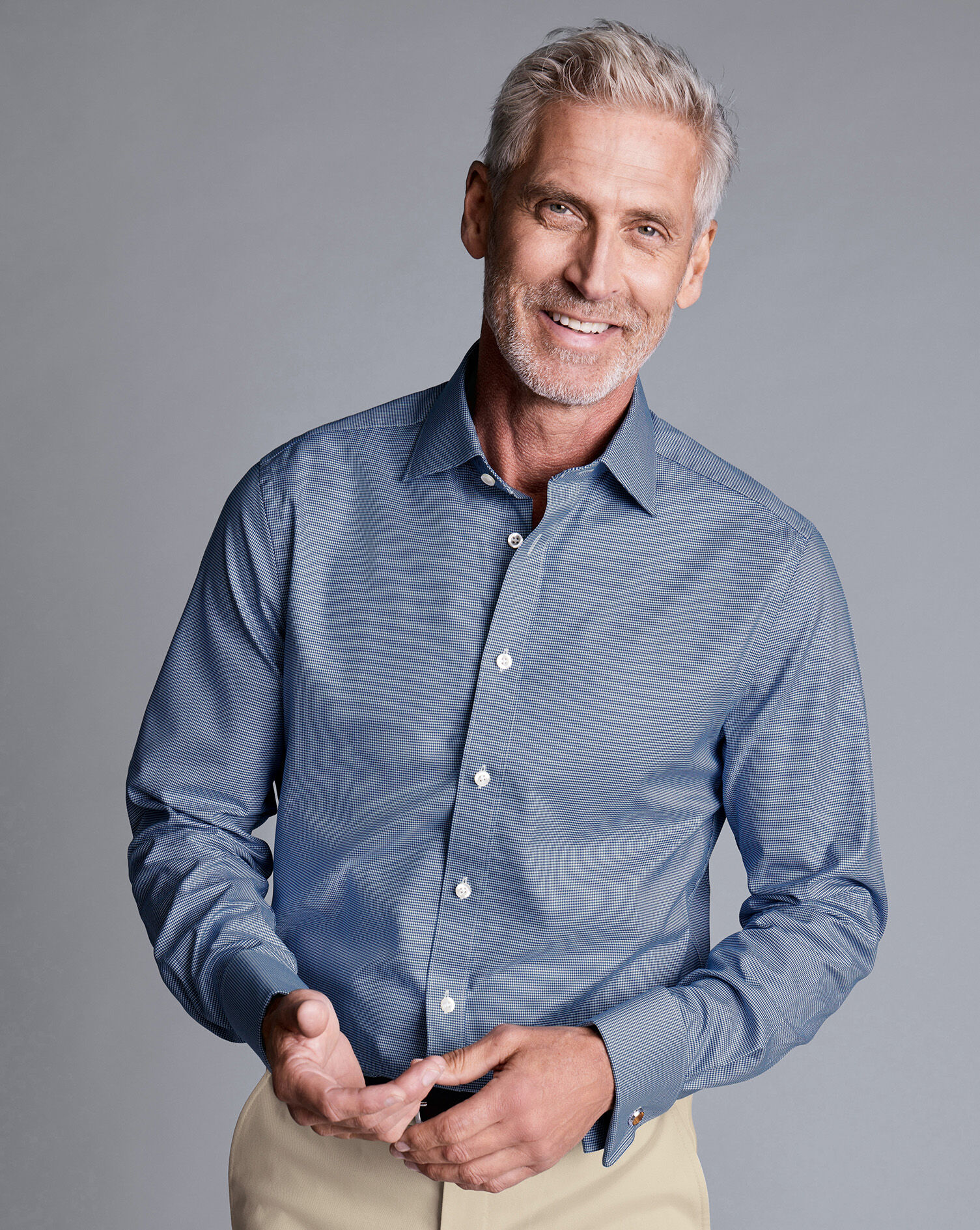 Semi-Spread Collar Egyptian Cotton Puppytooth Shirt - Royal Blue