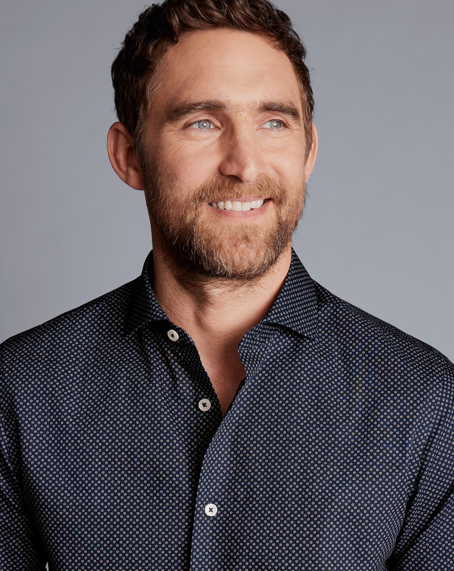 Semi-Spread Collar Mini Floral Print Non-Iron Shirt - Navy Blue