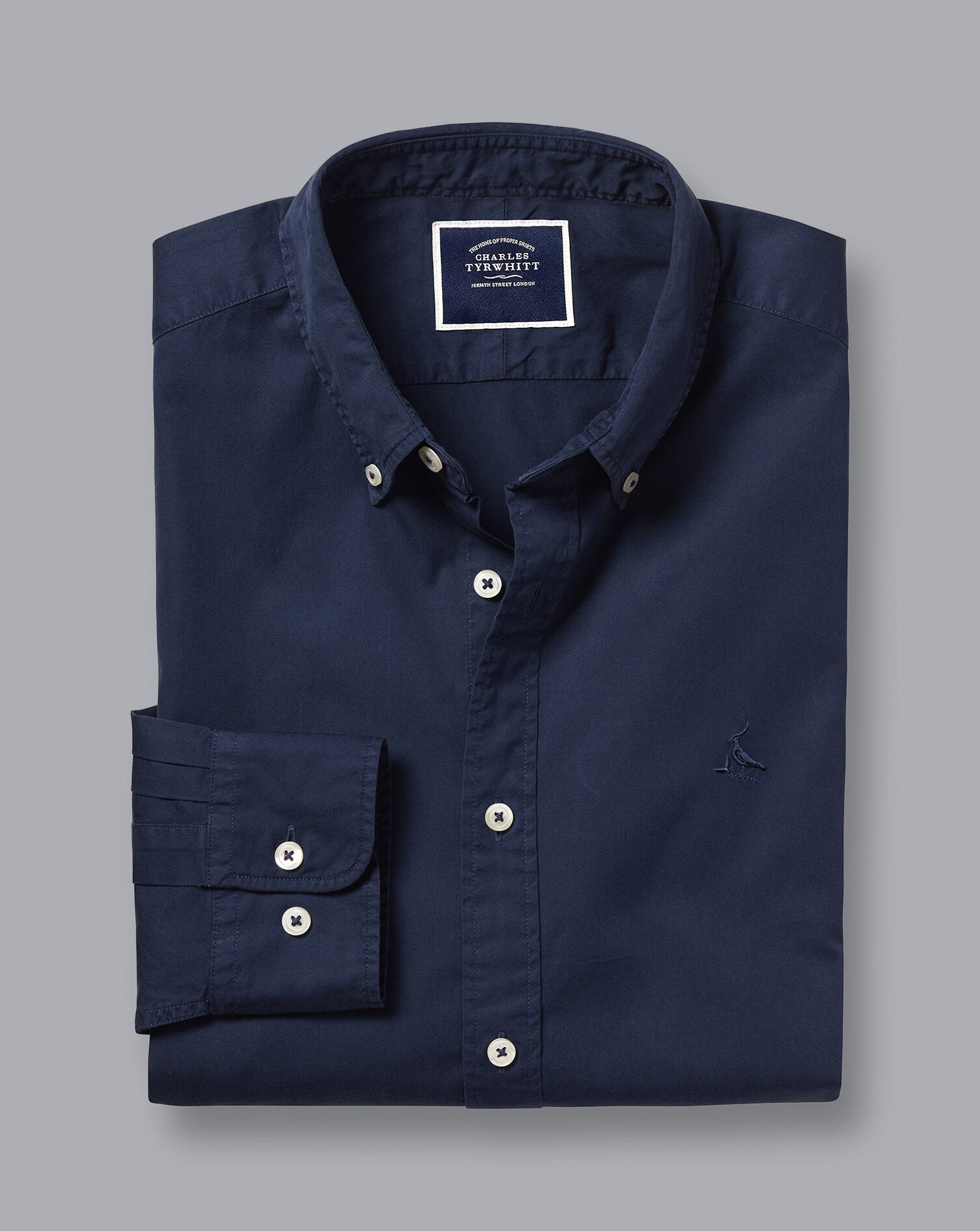 Button-Down Collar Washed Fine Twill Shirt - Navy