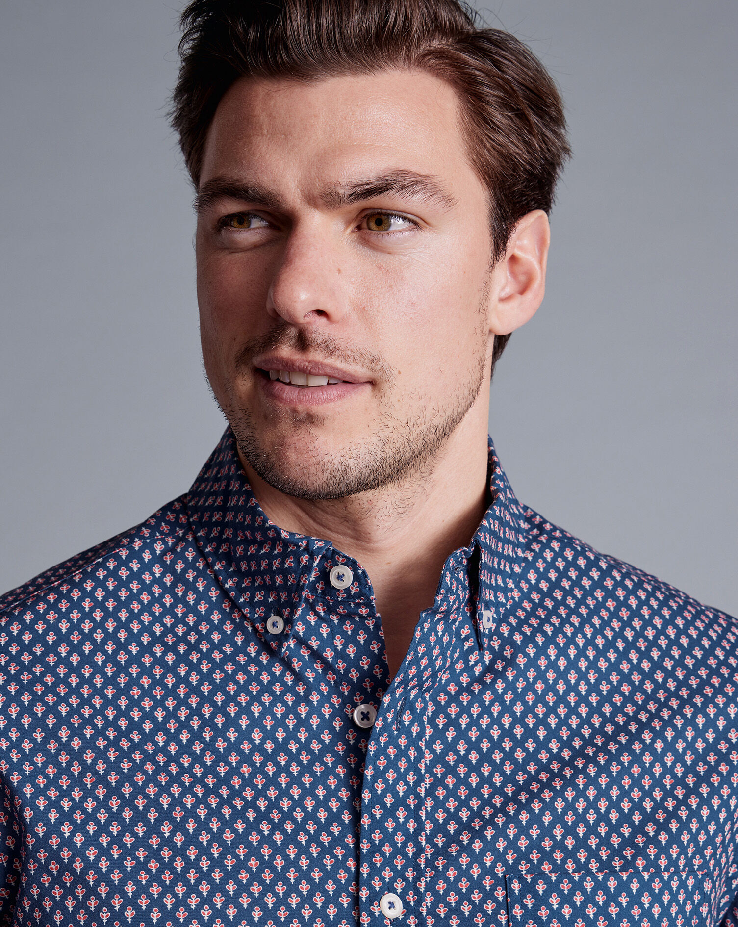 Button-Down Collar Non-Iron Stretch Poplin Leaf Print Shirt  - Royal Blue