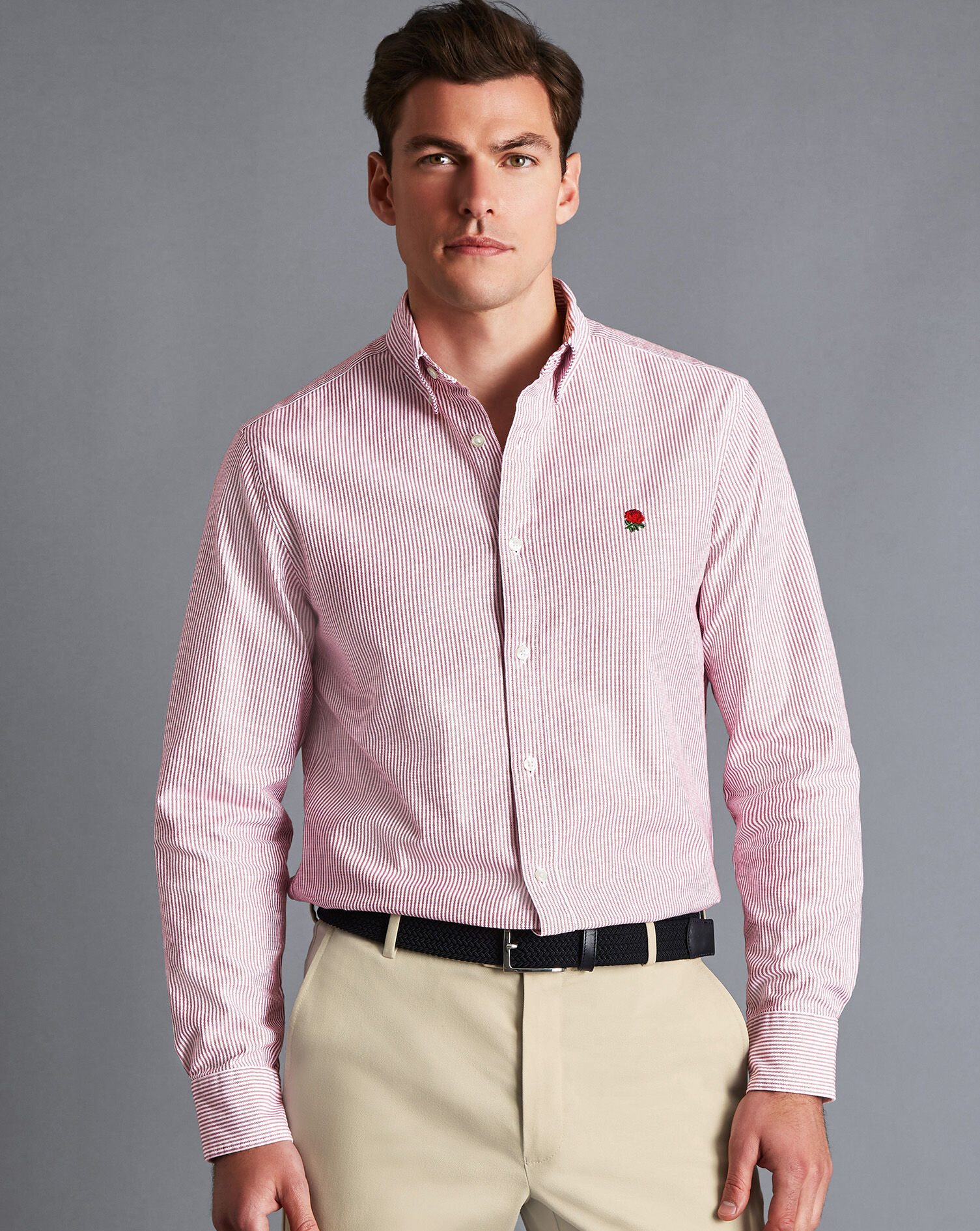 England Rugby Button-Down Collar Washed Oxford Stripe Shirt - Wine Red