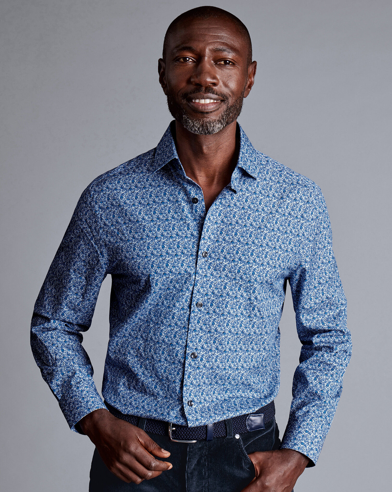 Made With Liberty Fabric Berry Print Semi-Spread Collar Shirt - Indigo Blue