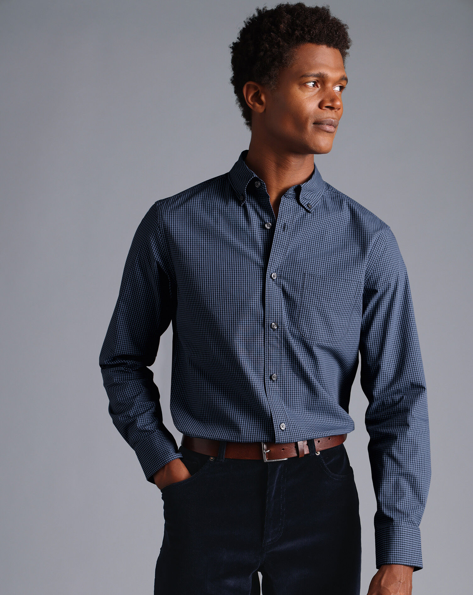 Button-Down Collar Non-Iron Stretch Poplin Mini Gingham Shirt - Indigo Blue