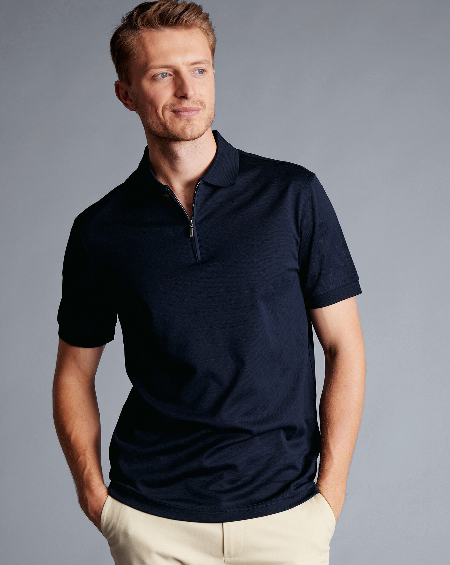 Tyrwhitt Cool Zip-Neck Polo - Dark Navy
