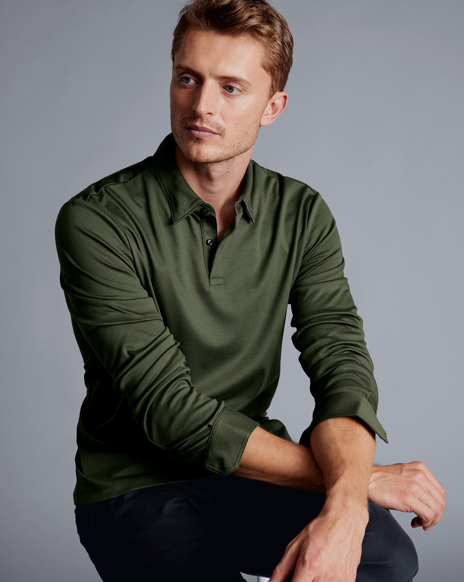 Smart Long Sleeve Jersey Polo - Olive Green