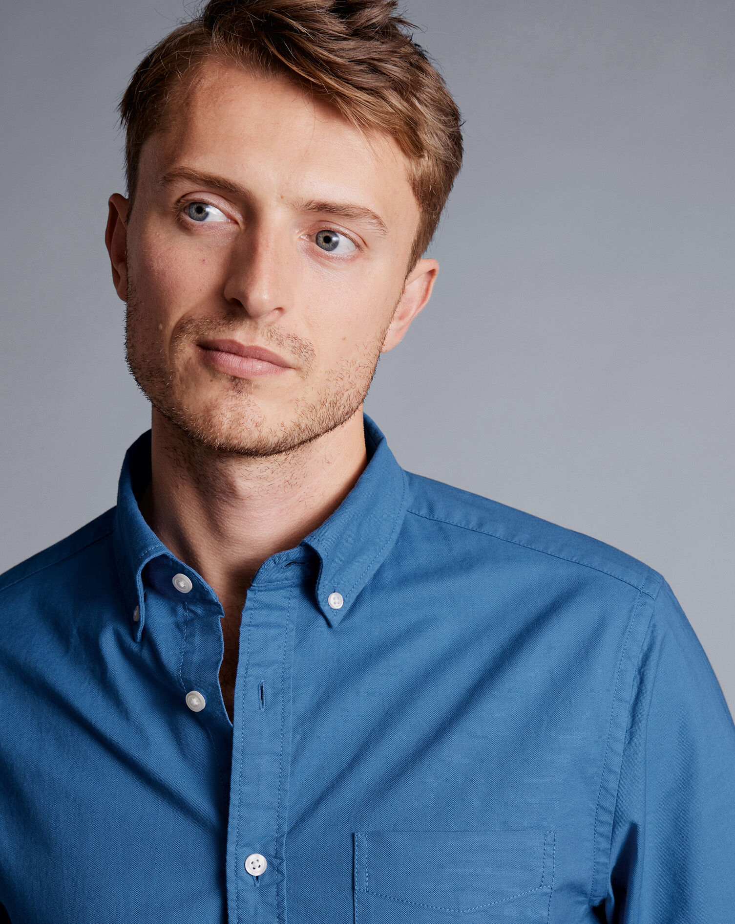 Button-Down Collar Washed Oxford Short Sleeve Shirt  - Ocean Blue
