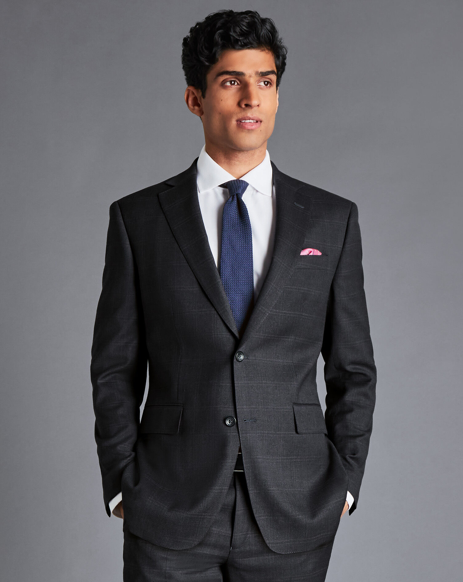 Windowpane Check Birdseye Travel Suit Jacket - Charcoal Grey