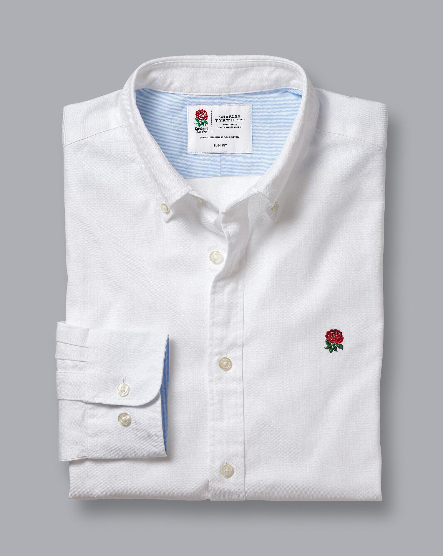 England Rugby Button-Down Collar Washed Oxford Shirt with Red Rose - White