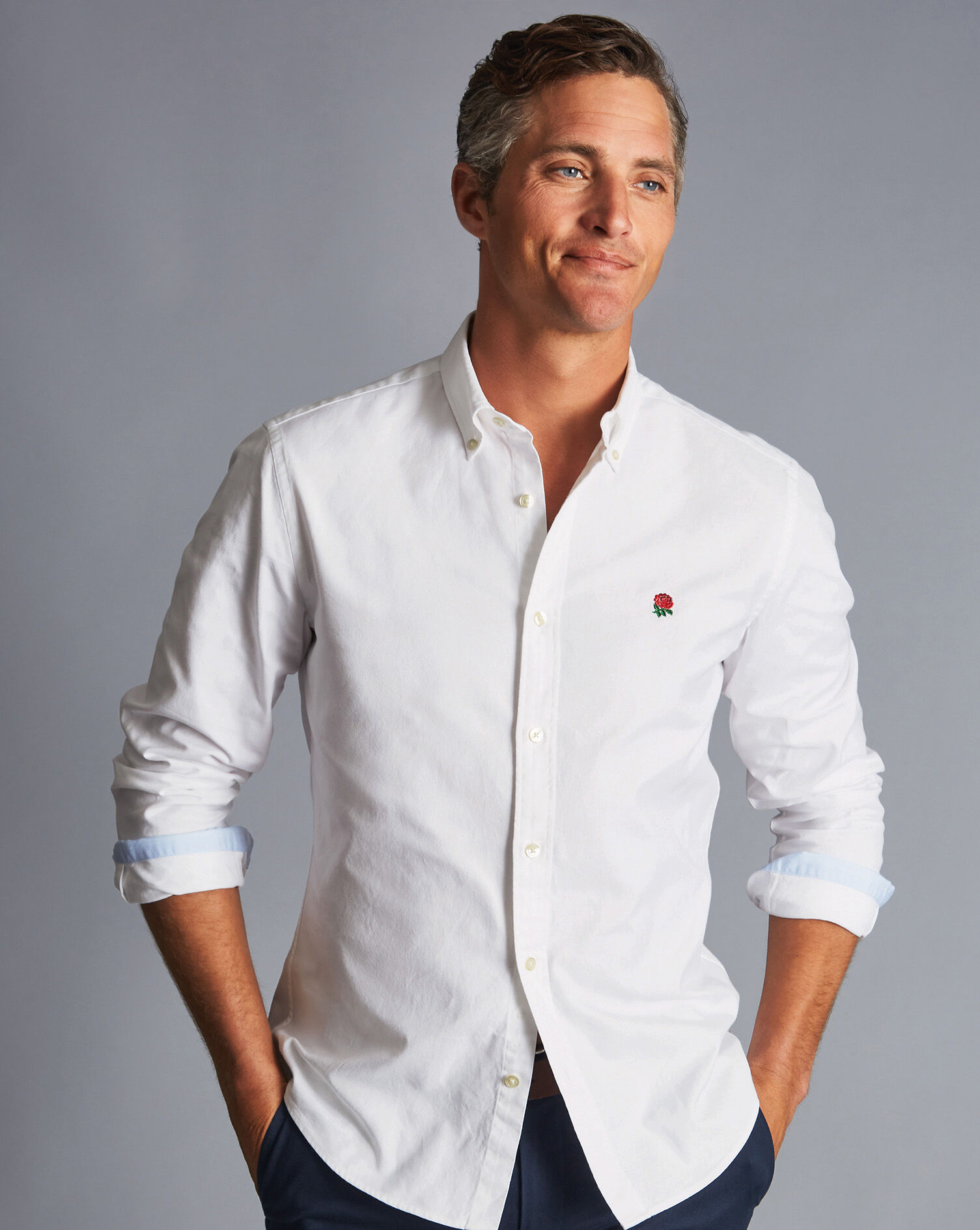 England Rugby Button-Down Collar Washed Oxford Shirt with Red Rose - White