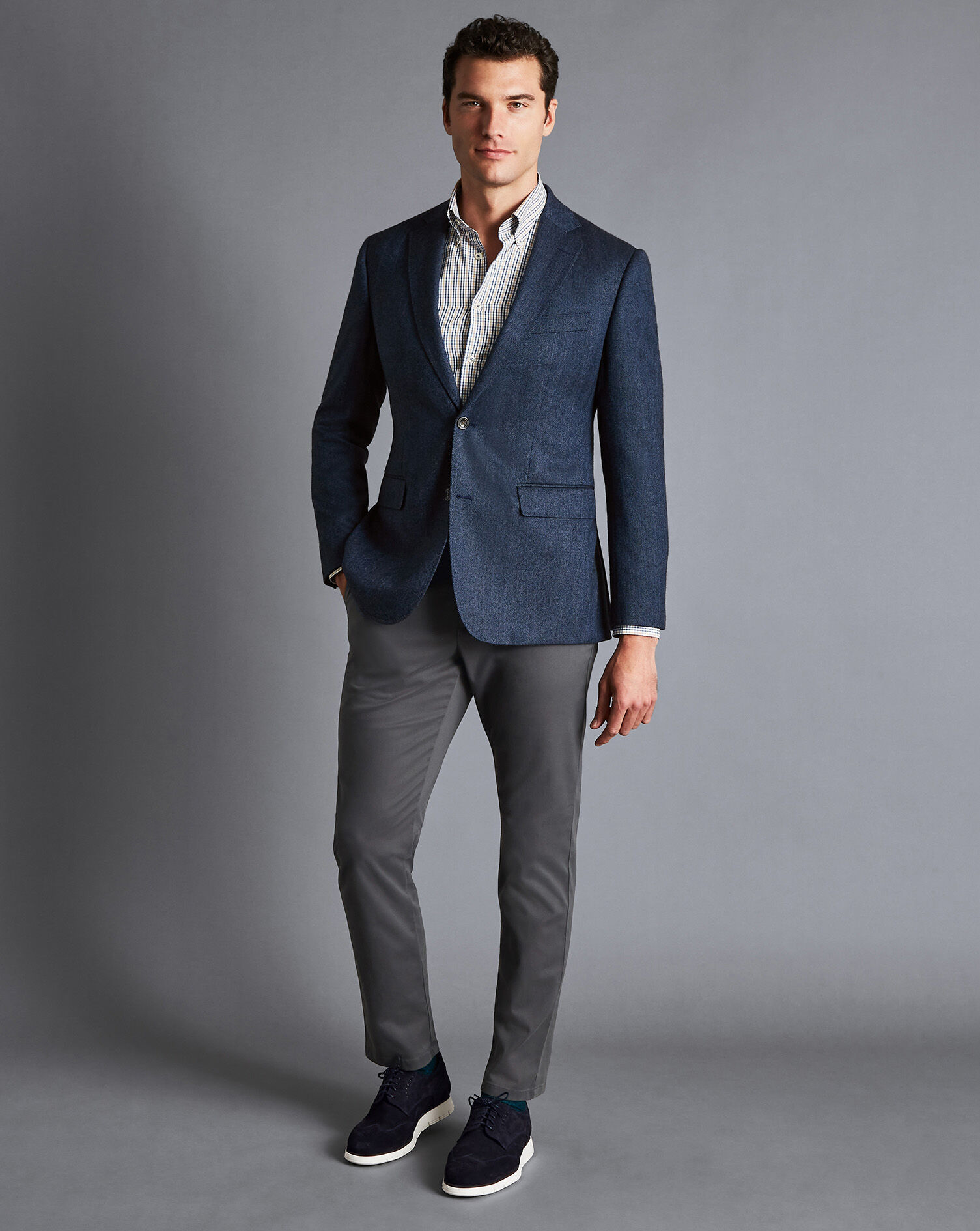 Herringbone Wool Texture Jacket - Denim Blue