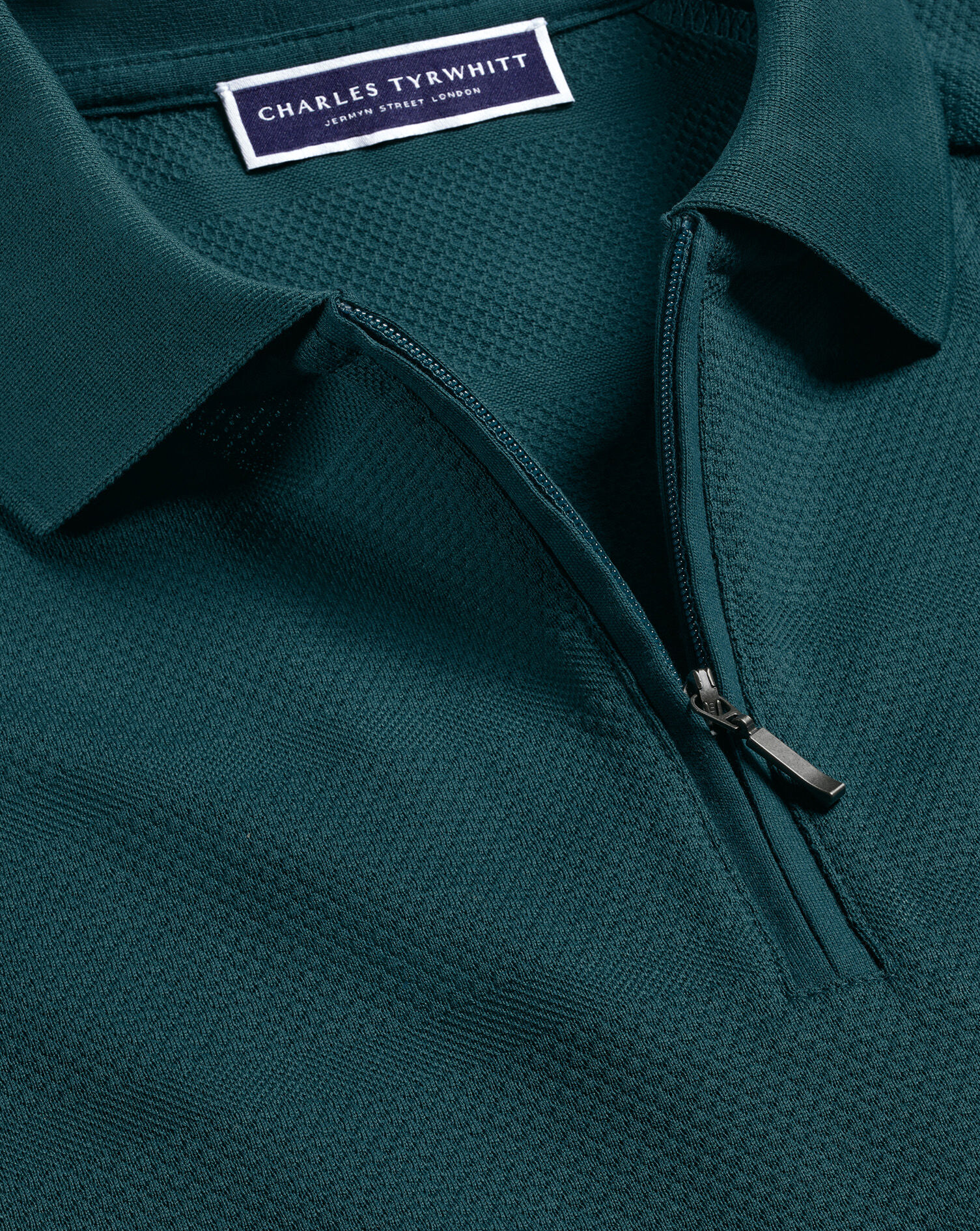 Popcorn Textured Tyrwhitt Cool Zip-Neck Polo - Teal Green