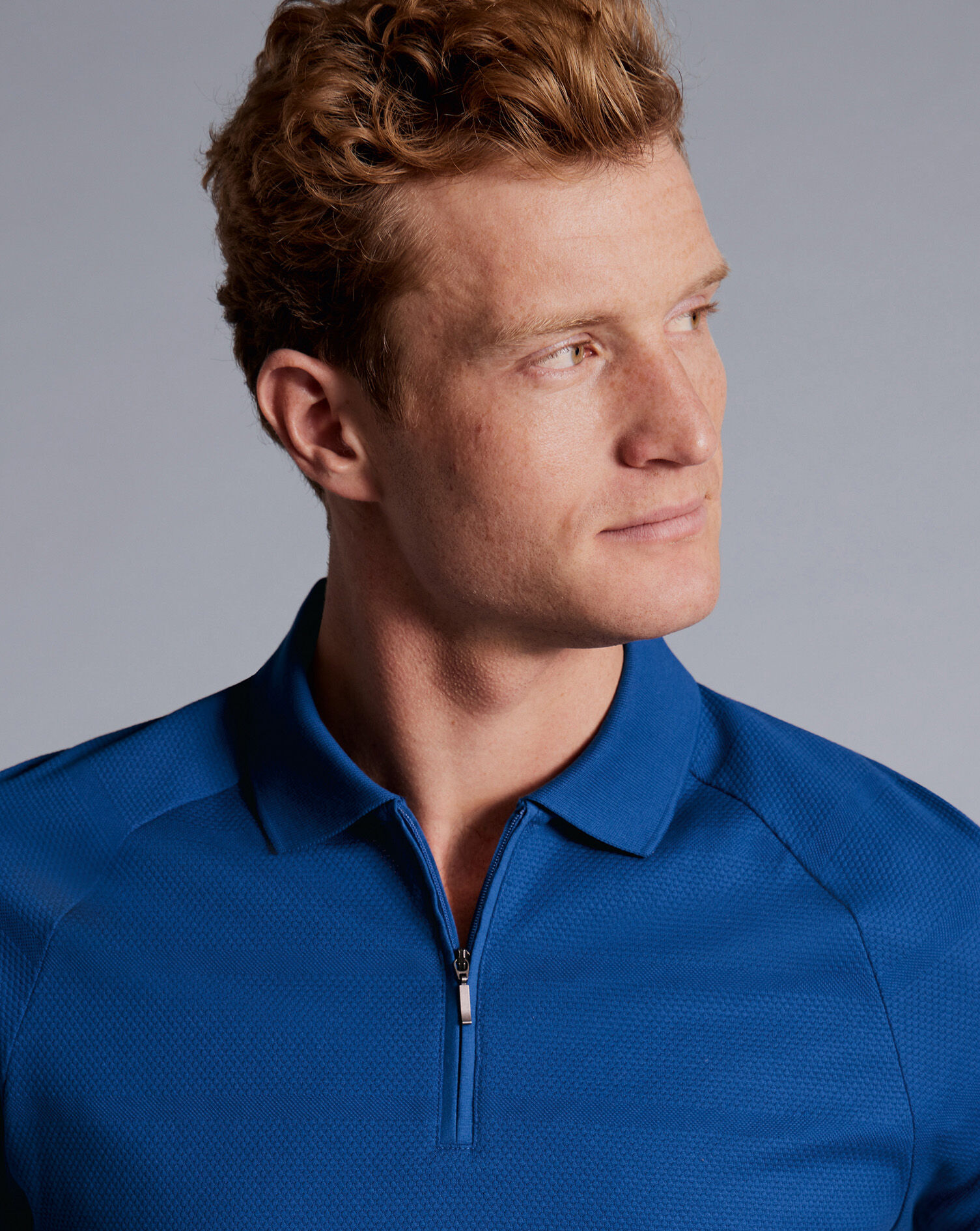 Popcorn Textured Tyrwhitt Cool Zip-Neck Polo - Cobalt Blue
