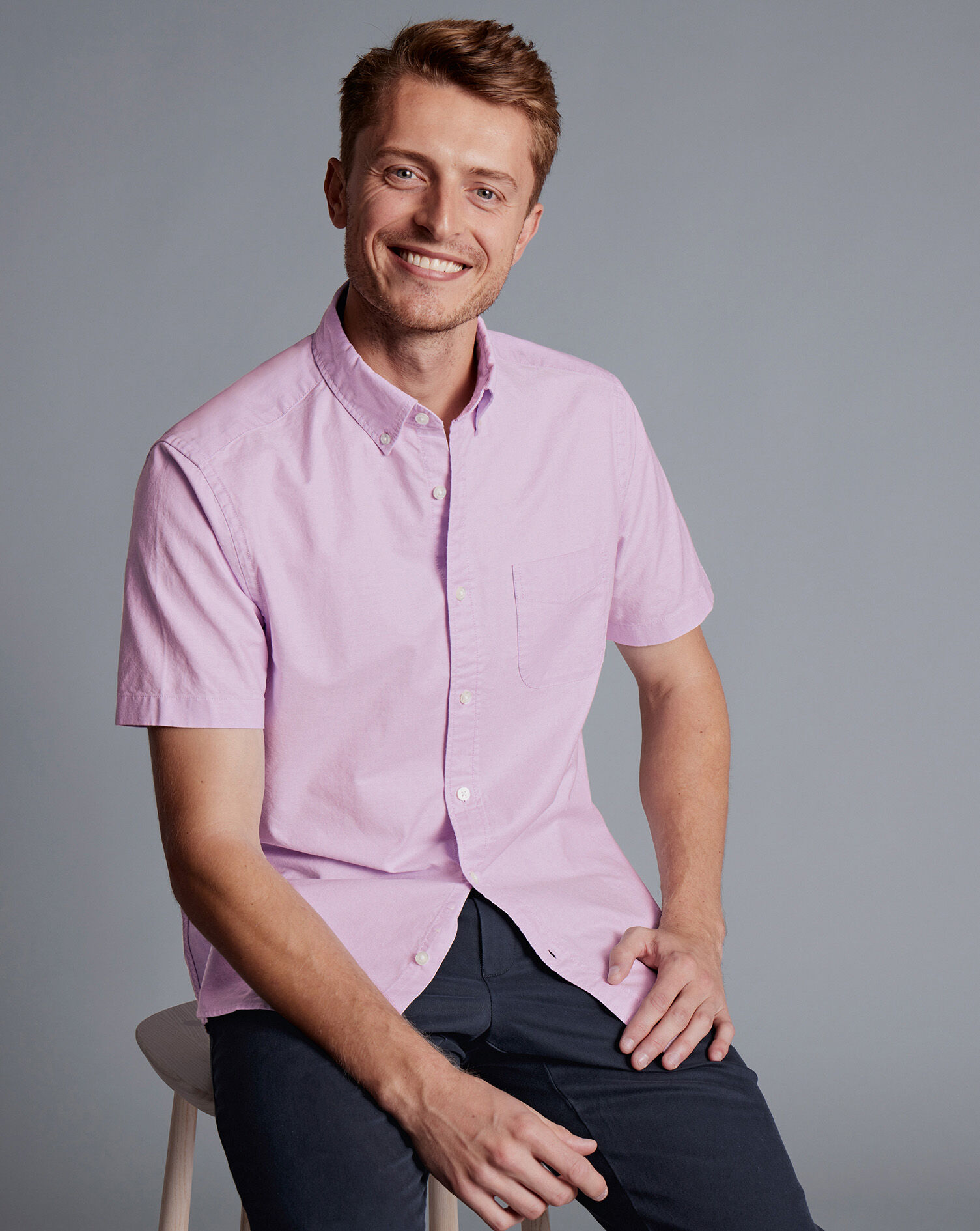 Button-Down Collar Washed Oxford Short Sleeve Shirt  -Violet Purple