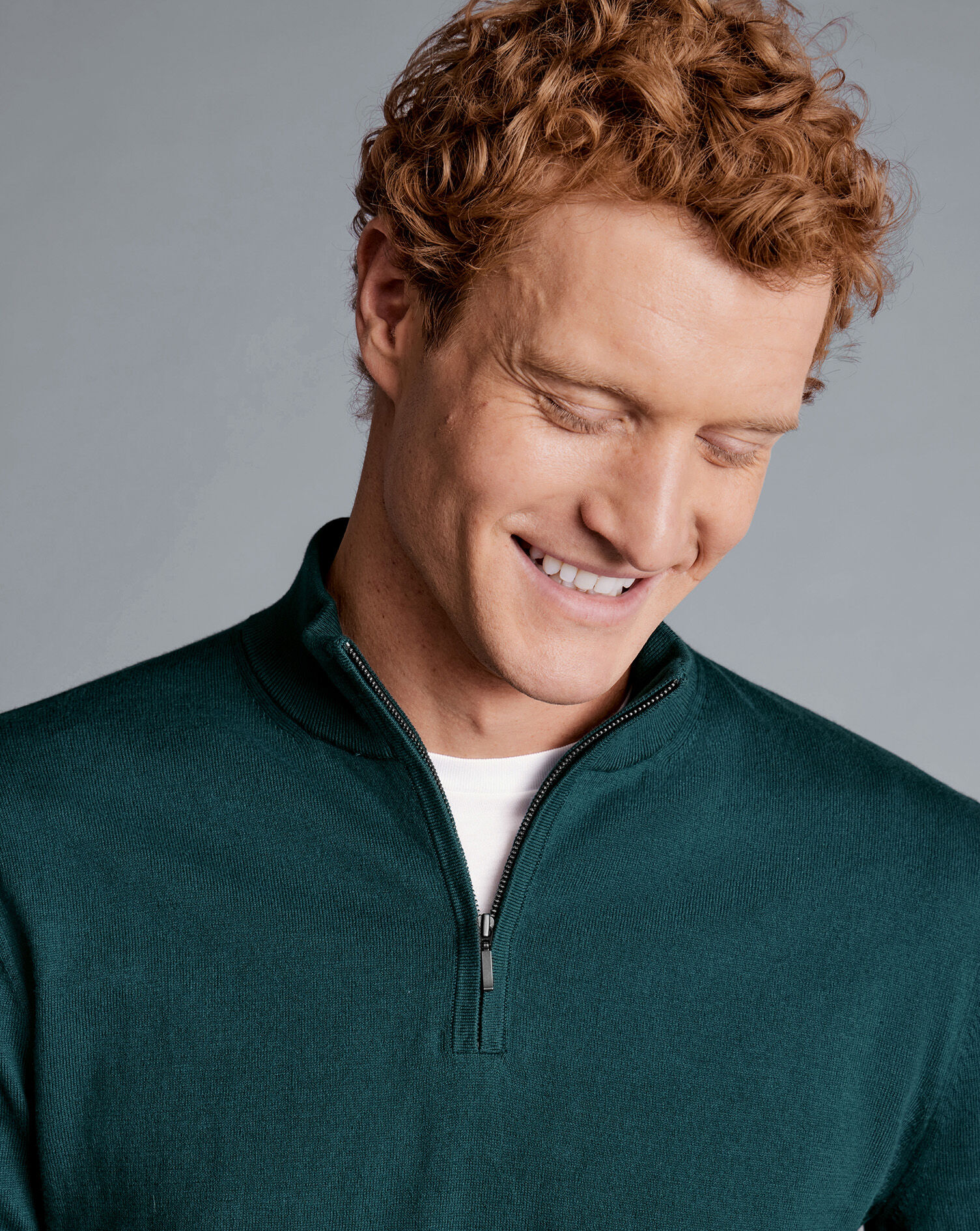 Combed Cotton Zip Neck Sweater - Teal Green