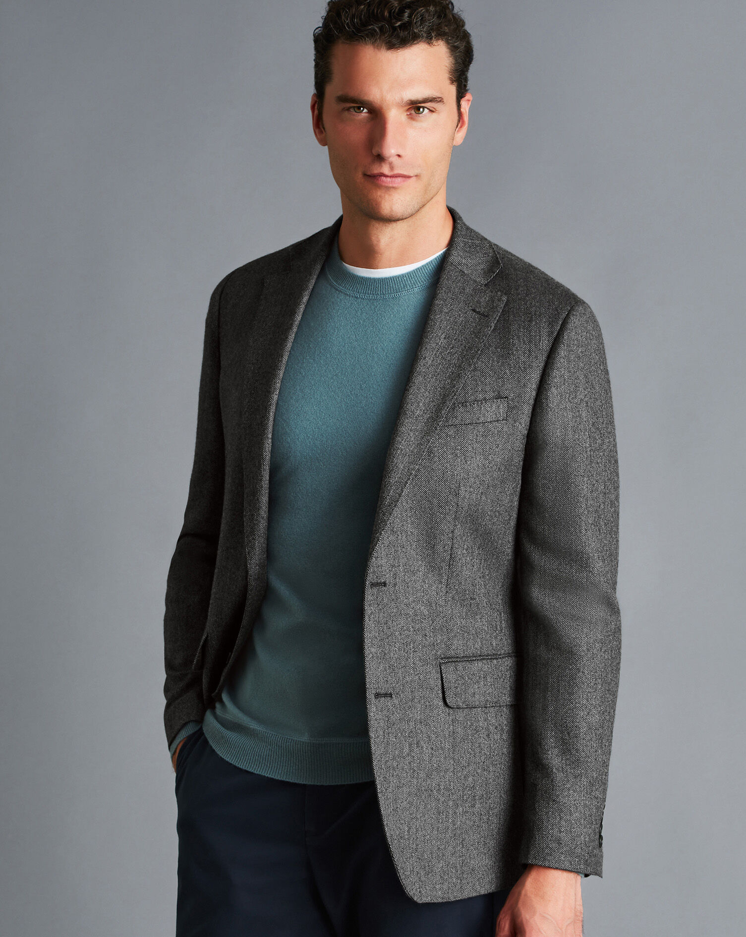 Herringbone Wool Texture Jacket - Dark Grey