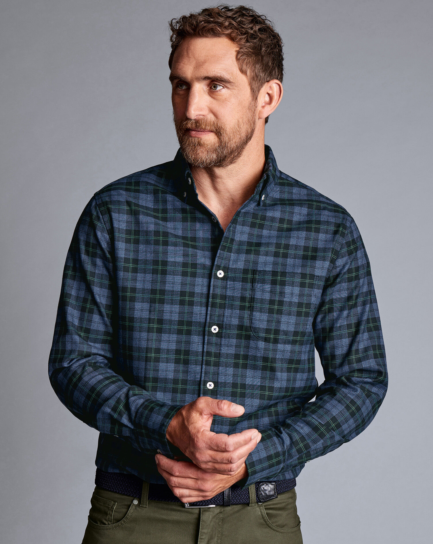 Button-Down Collar Non-Iron Twill Overcheck Shirt - Green