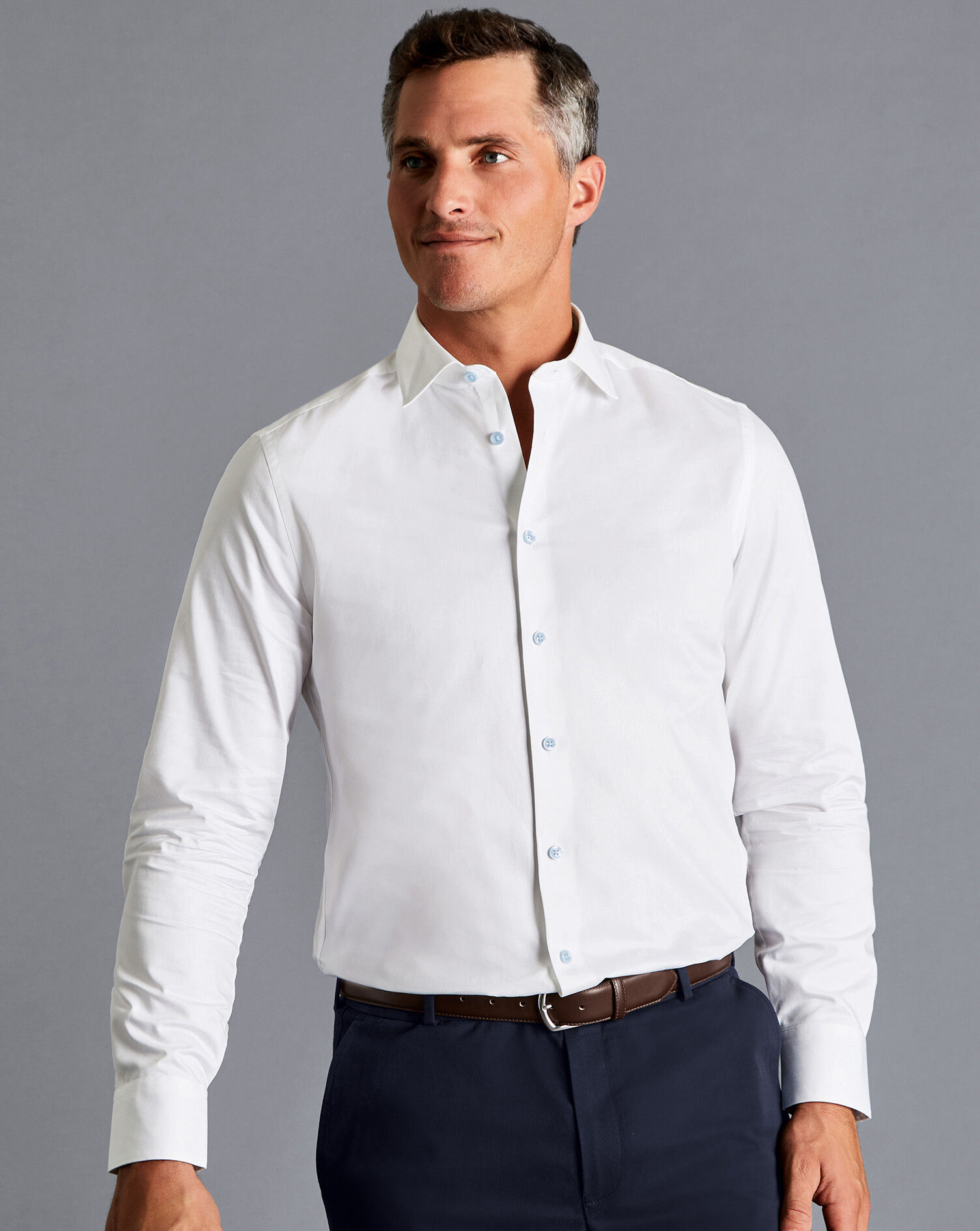 Semi-Spread Collar Twill Shirt with Printed Trim - White