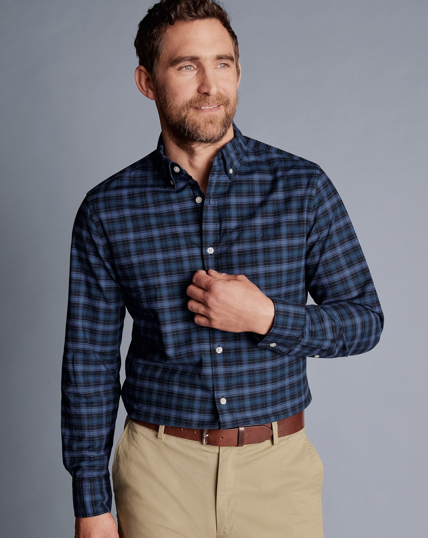 Button-Down Collar Washed Oxford Check Shirt - Indigo Blue