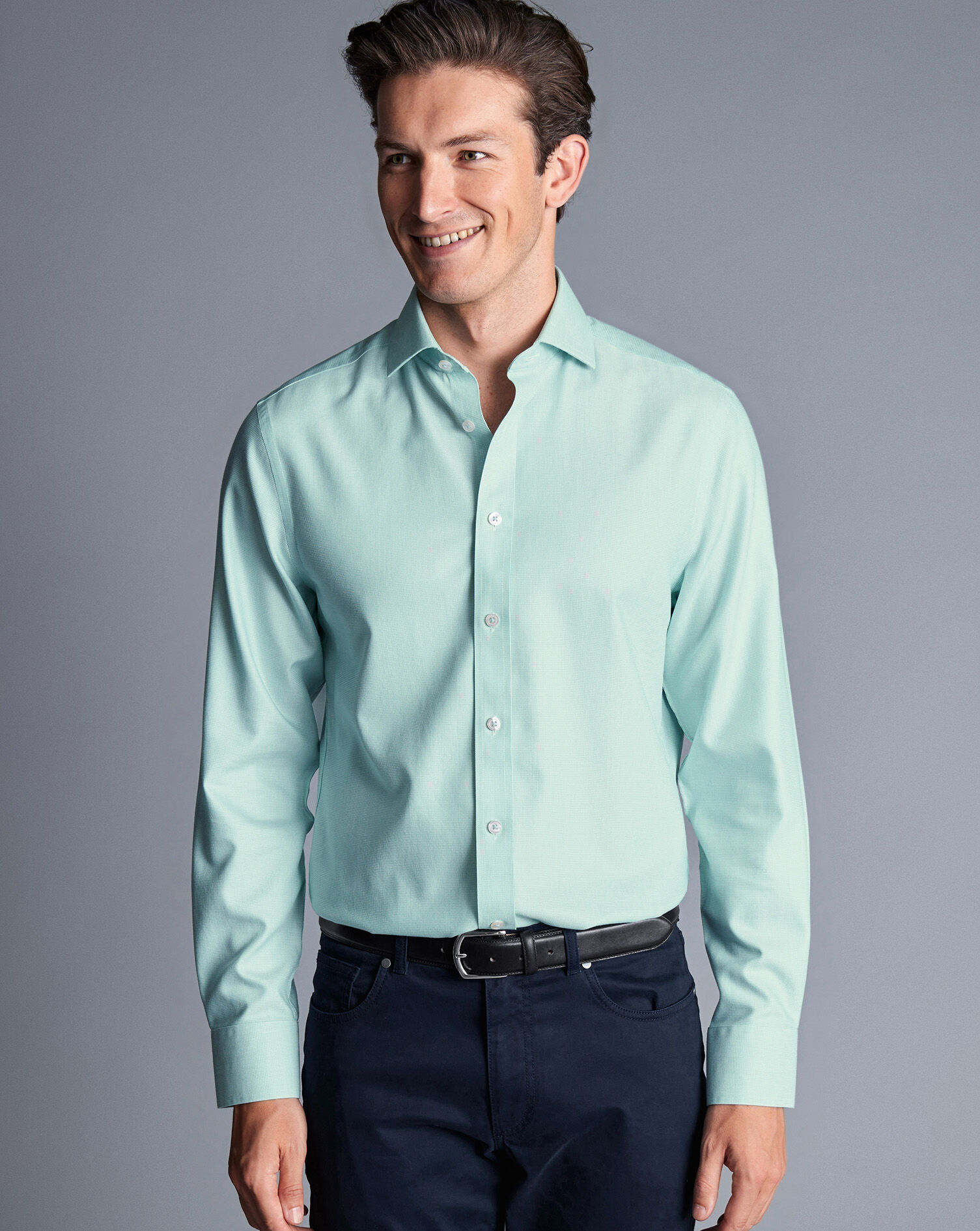 Spread Collar Non-Iron Clifton Weave Shirt - Aqua Green