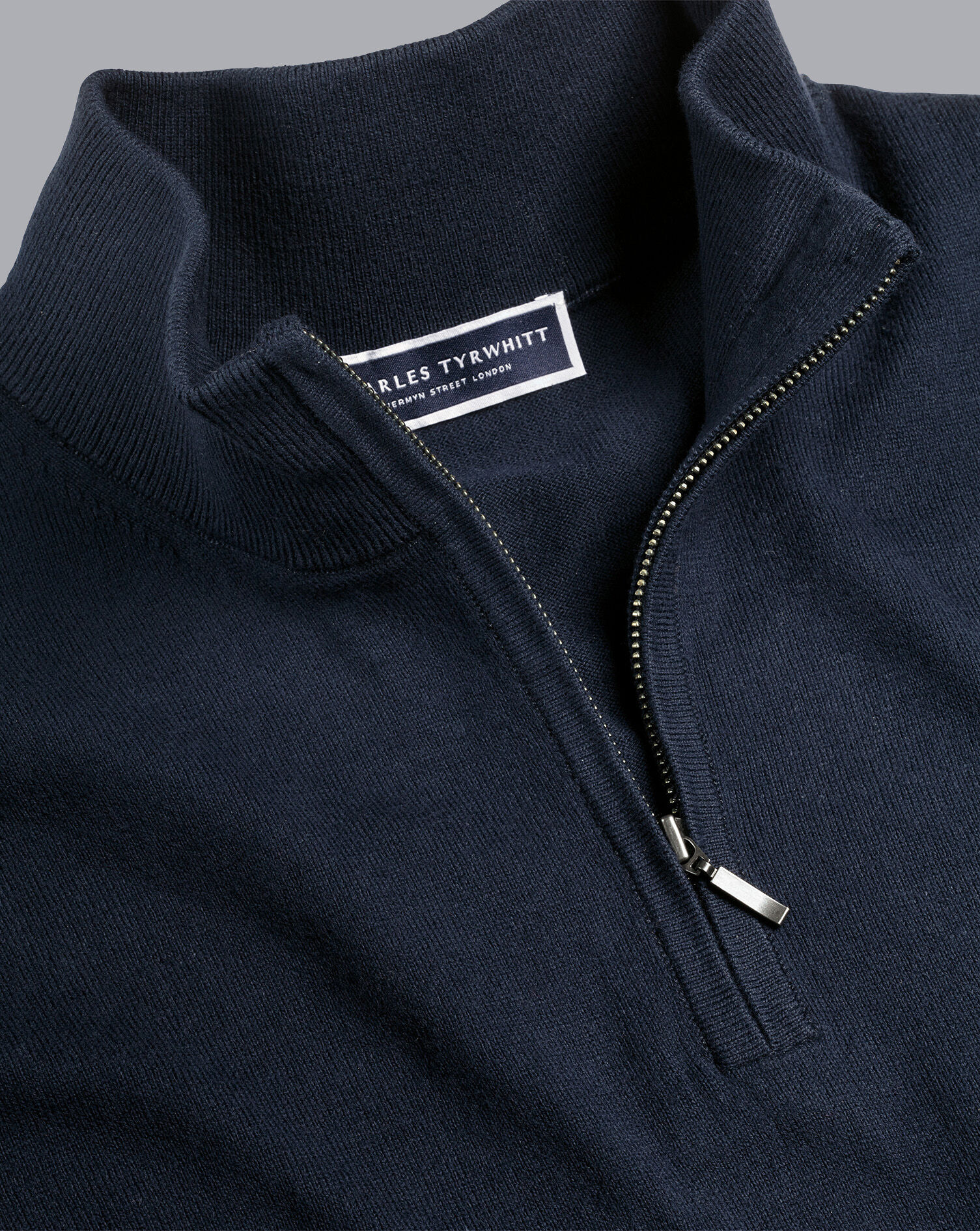 Combed Cotton Zip Neck Sweater - Dark Navy