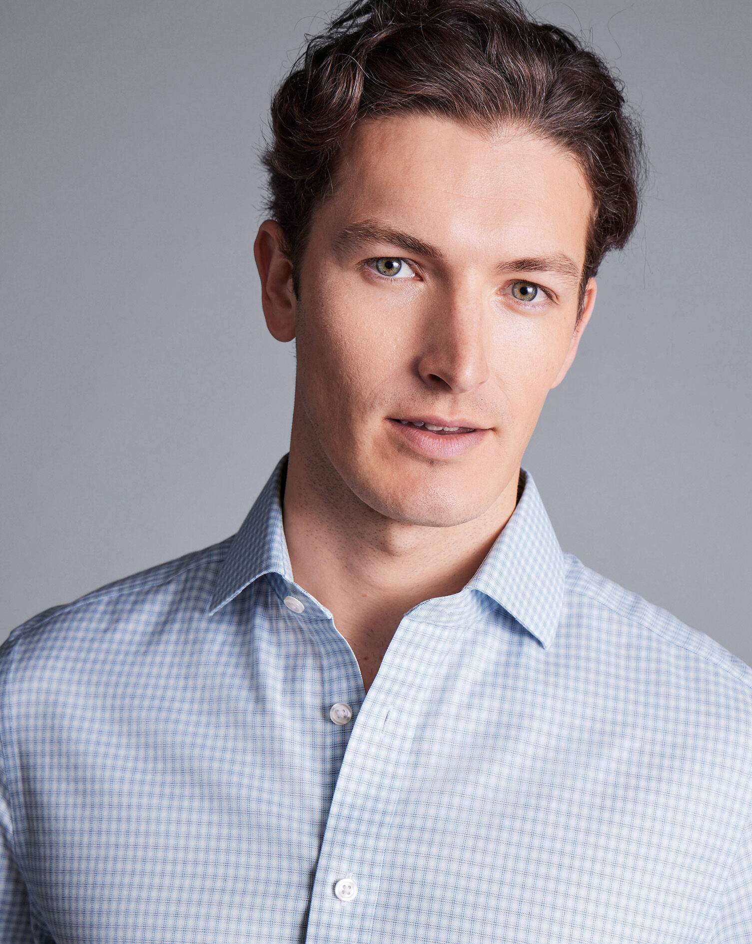 Spread Collar Non-Iron Double Check Shirt - Sky Blue