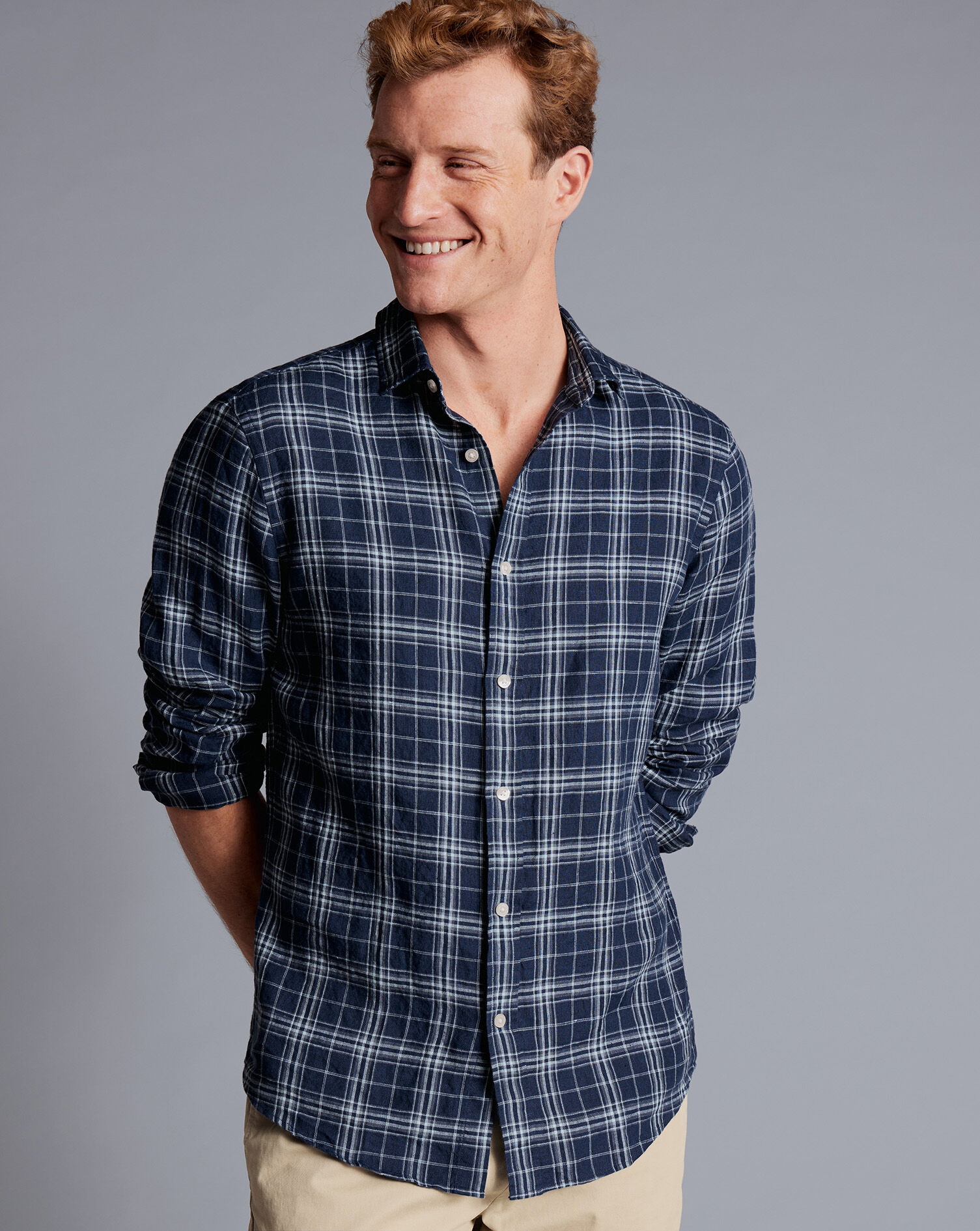 Pure Linen Check Shirt - French Blue