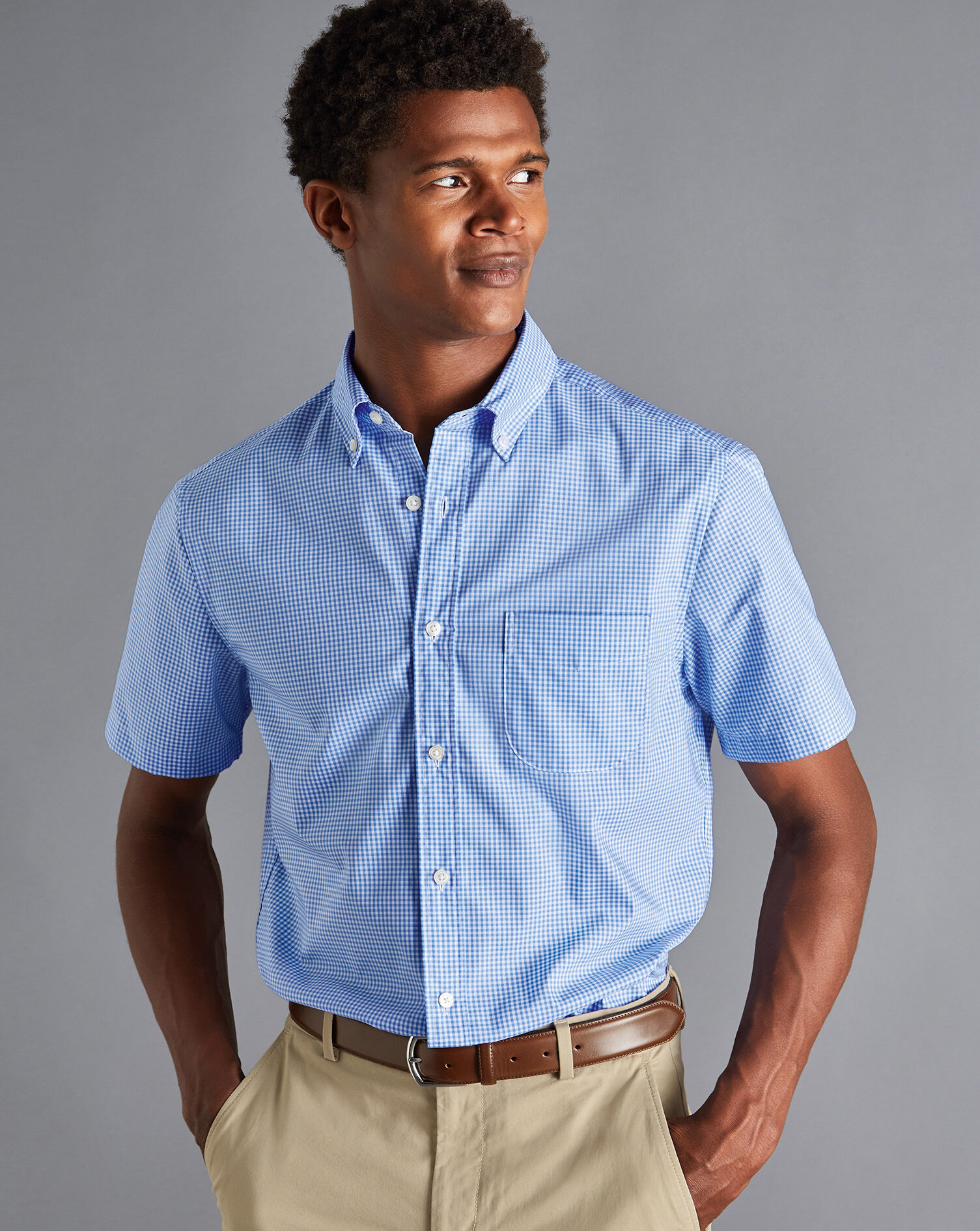 Button-Down Collar Non-Iron Stretch Mini Gingham Short Sleeve Shirt - Ocean Blue