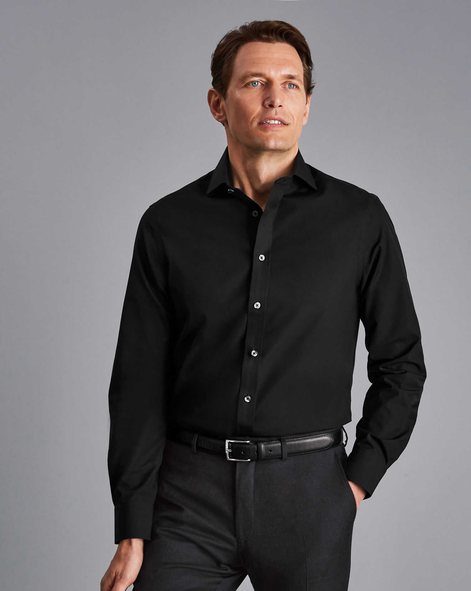Spread Collar Non-Iron Poplin Shirt - Black