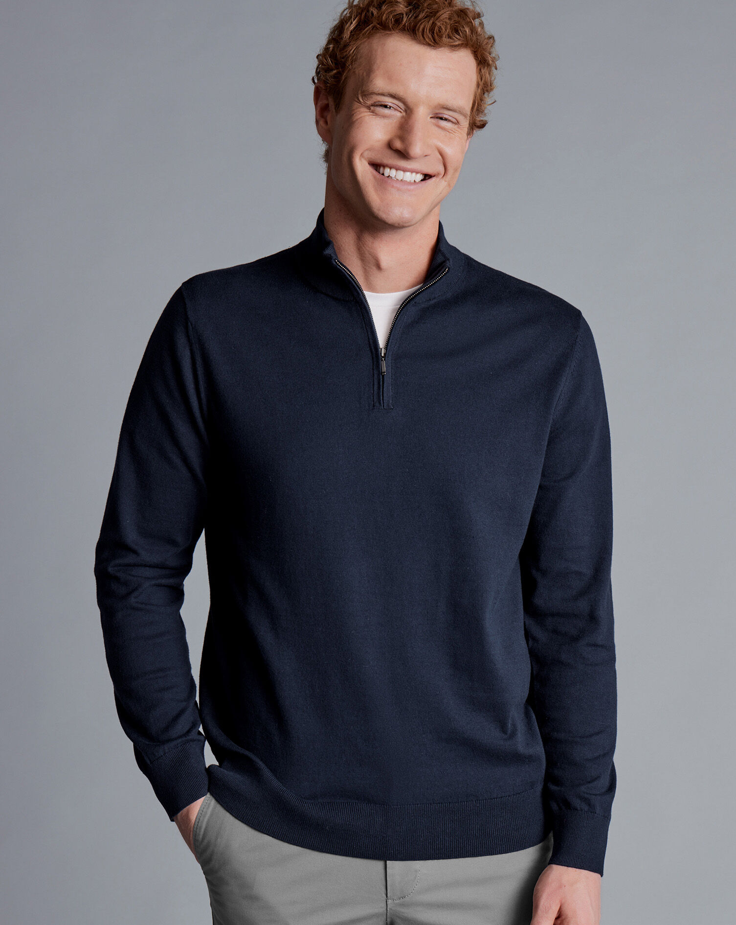 Combed Cotton Zip Neck Sweater - Dark Navy