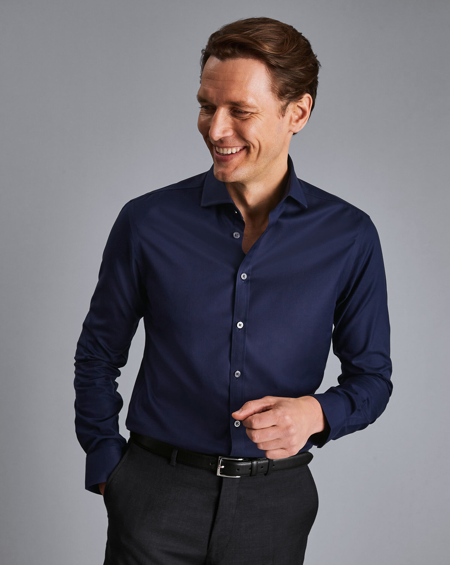 Spread Collar Non-Iron Twill Shirt - Navy