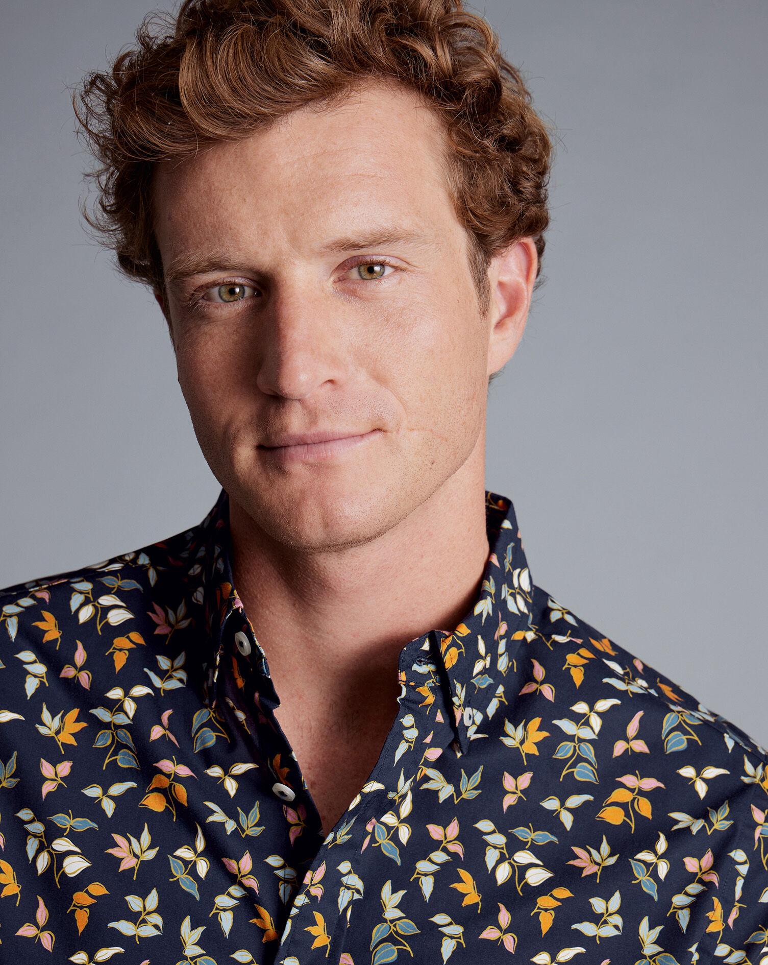 Button-Down Collar Non-Iron Stretch Poplin Multi Leaf Print Short Sleeve Shirt - Navy