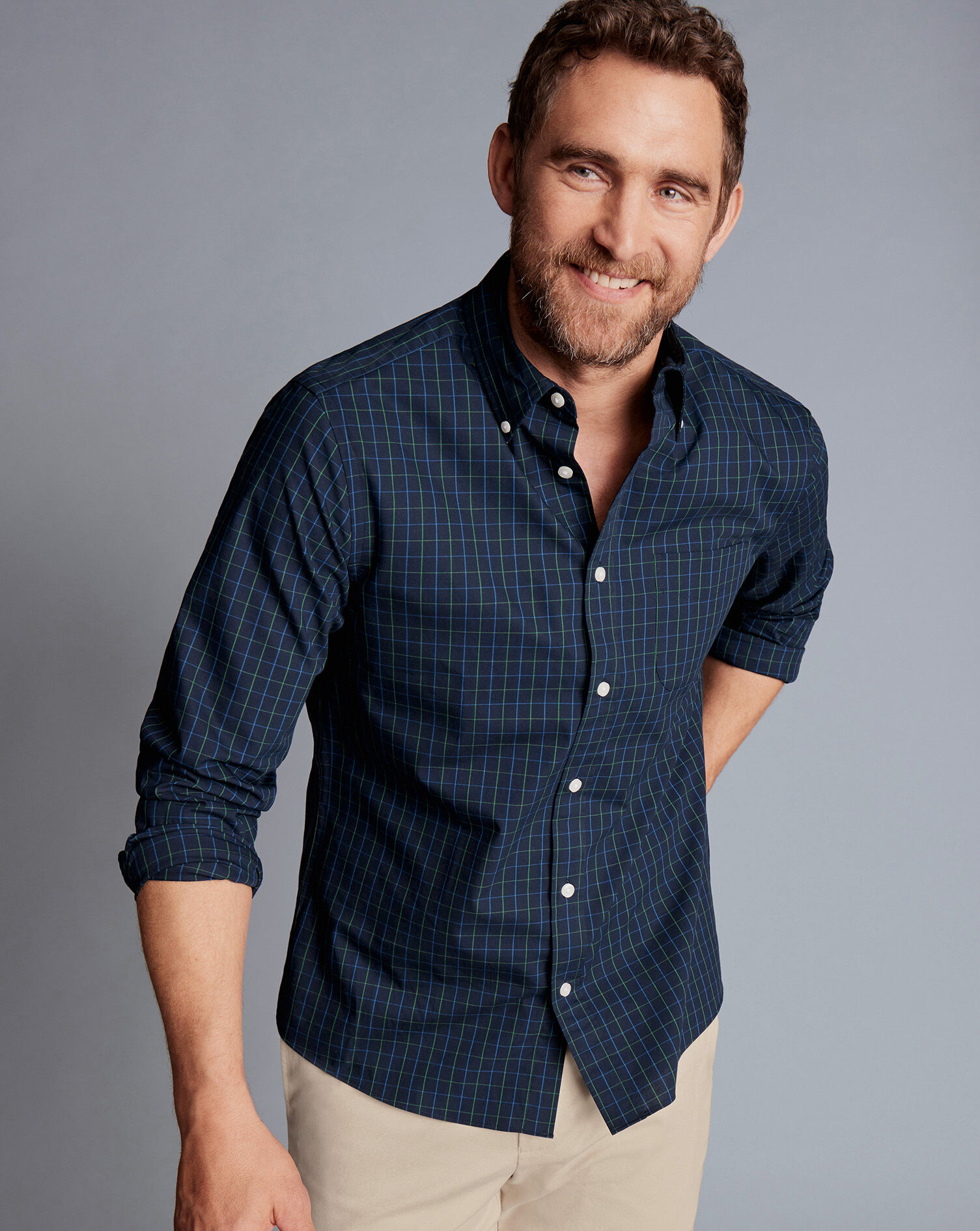 Button-Down Collar Non-Iron Stretch Poplin Check Shirt - Dark Navy