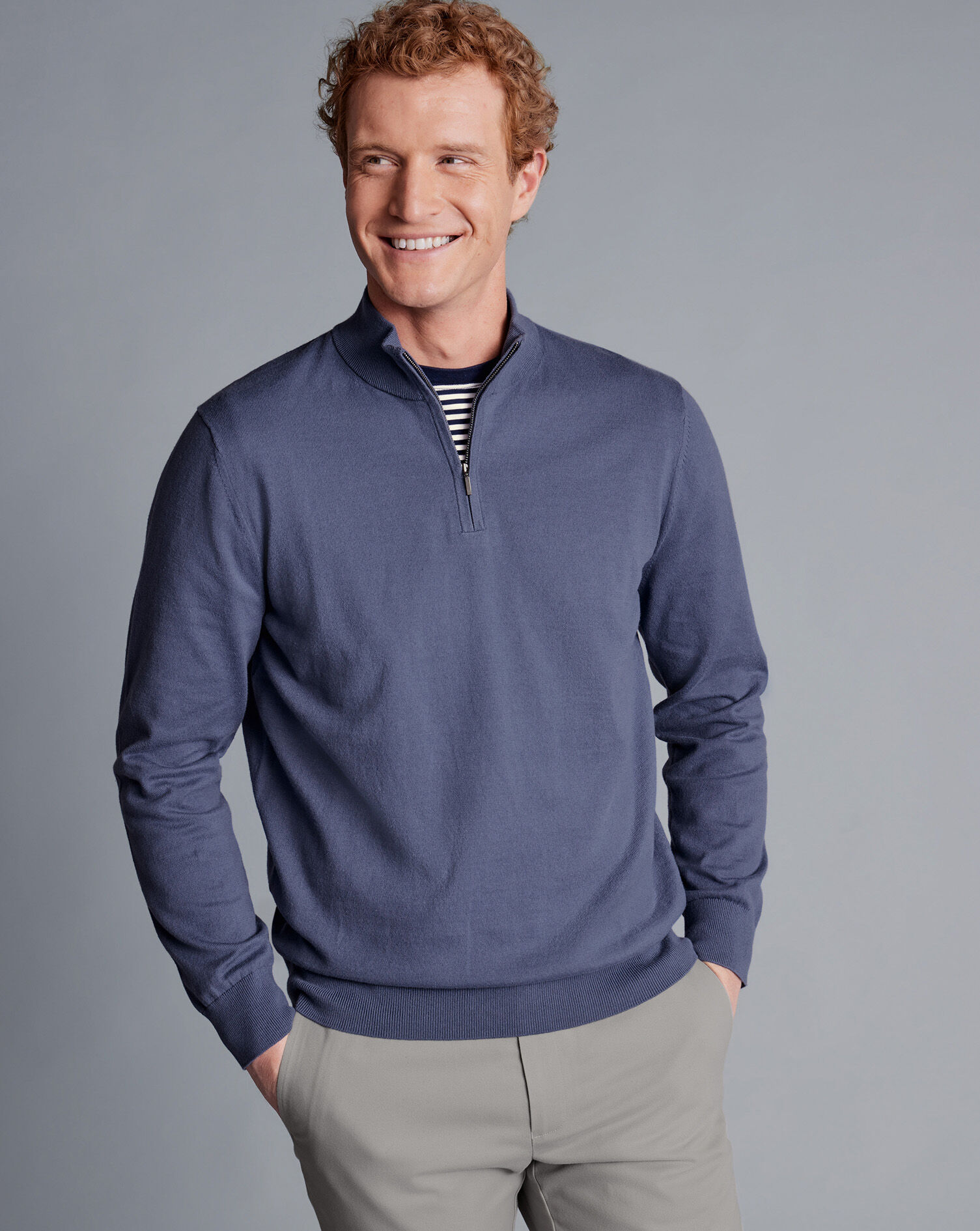 Combed Cotton Zip Neck Sweater - Heather Blue