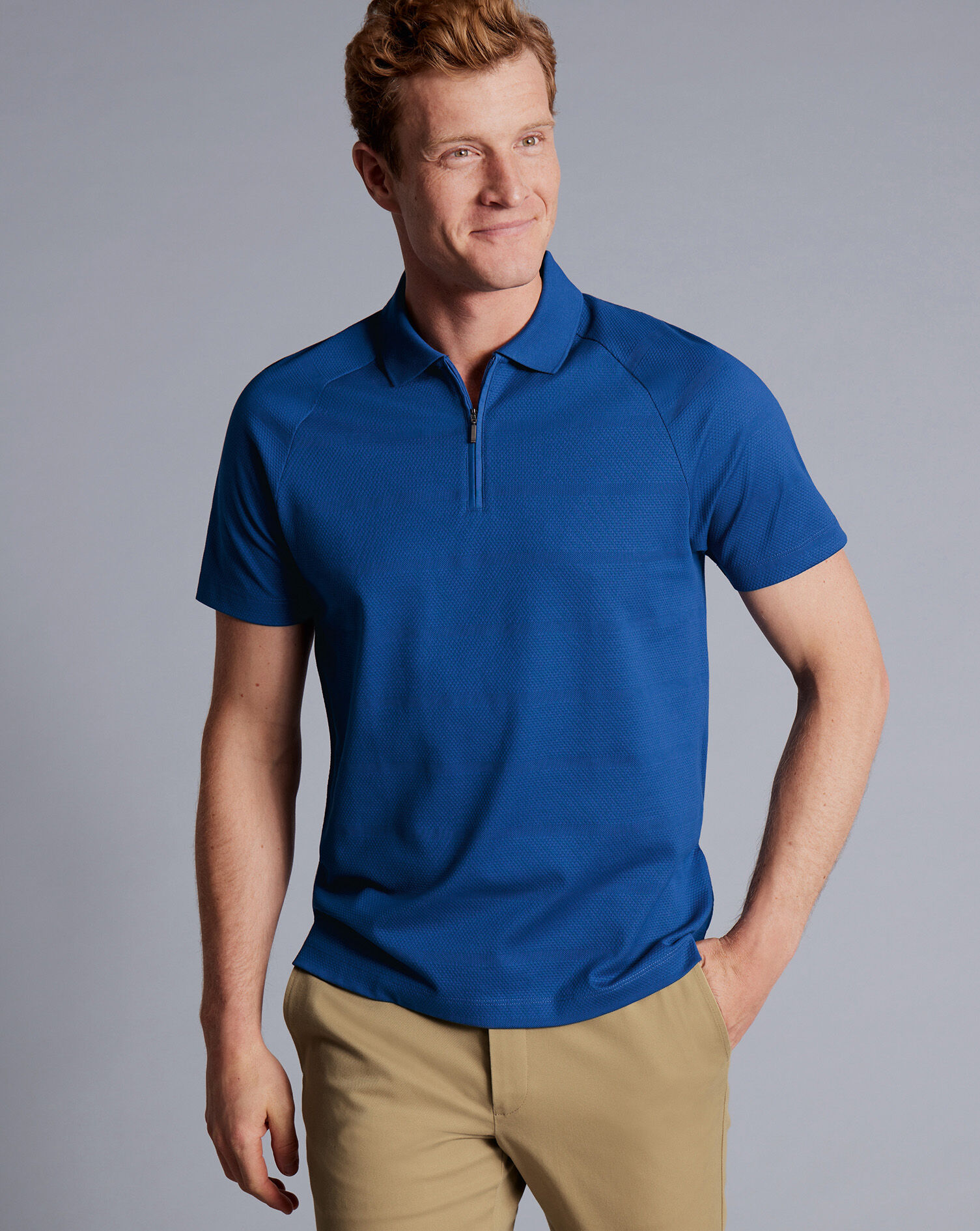 Popcorn Textured Tyrwhitt Cool Zip-Neck Polo - Cobalt Blue
