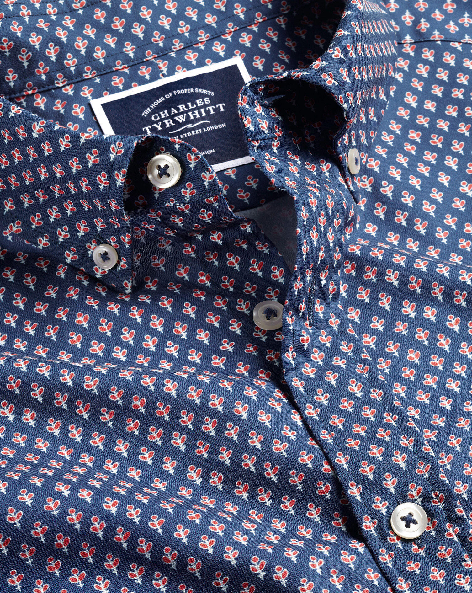 Button-Down Collar Non-Iron Stretch Poplin Leaf Print Shirt  - Royal Blue
