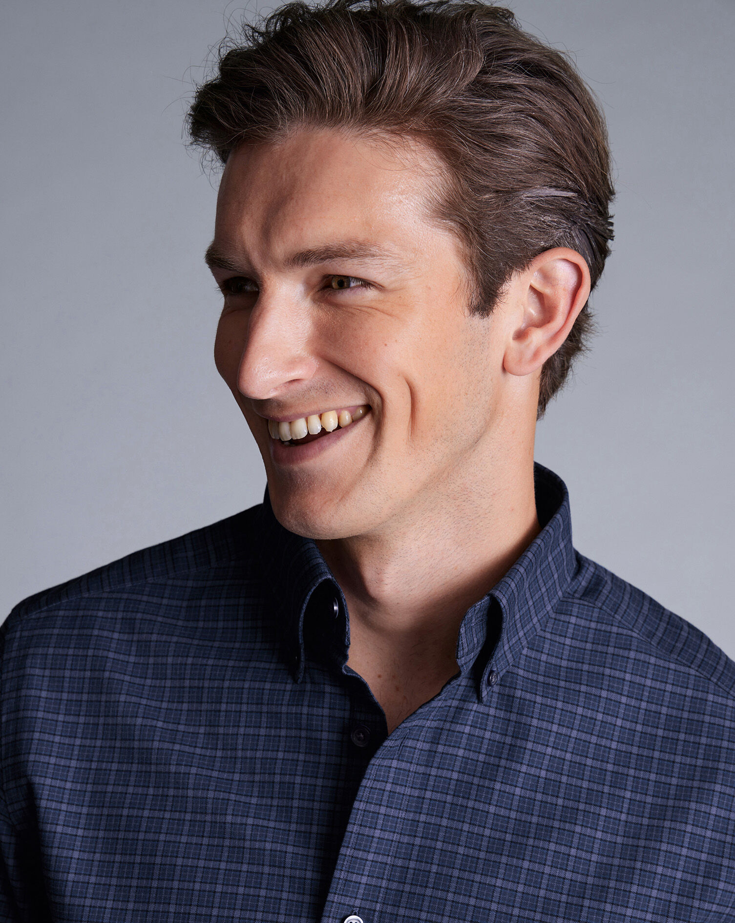 Button-Down Collar Brushed Cotton Twill Check Shirt - Indigo Blue