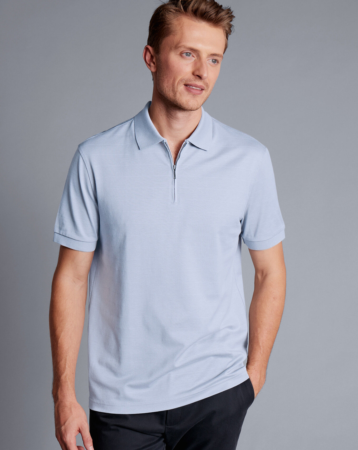 Tyrwhitt Cool Zip-Neck Polo - Light Blue