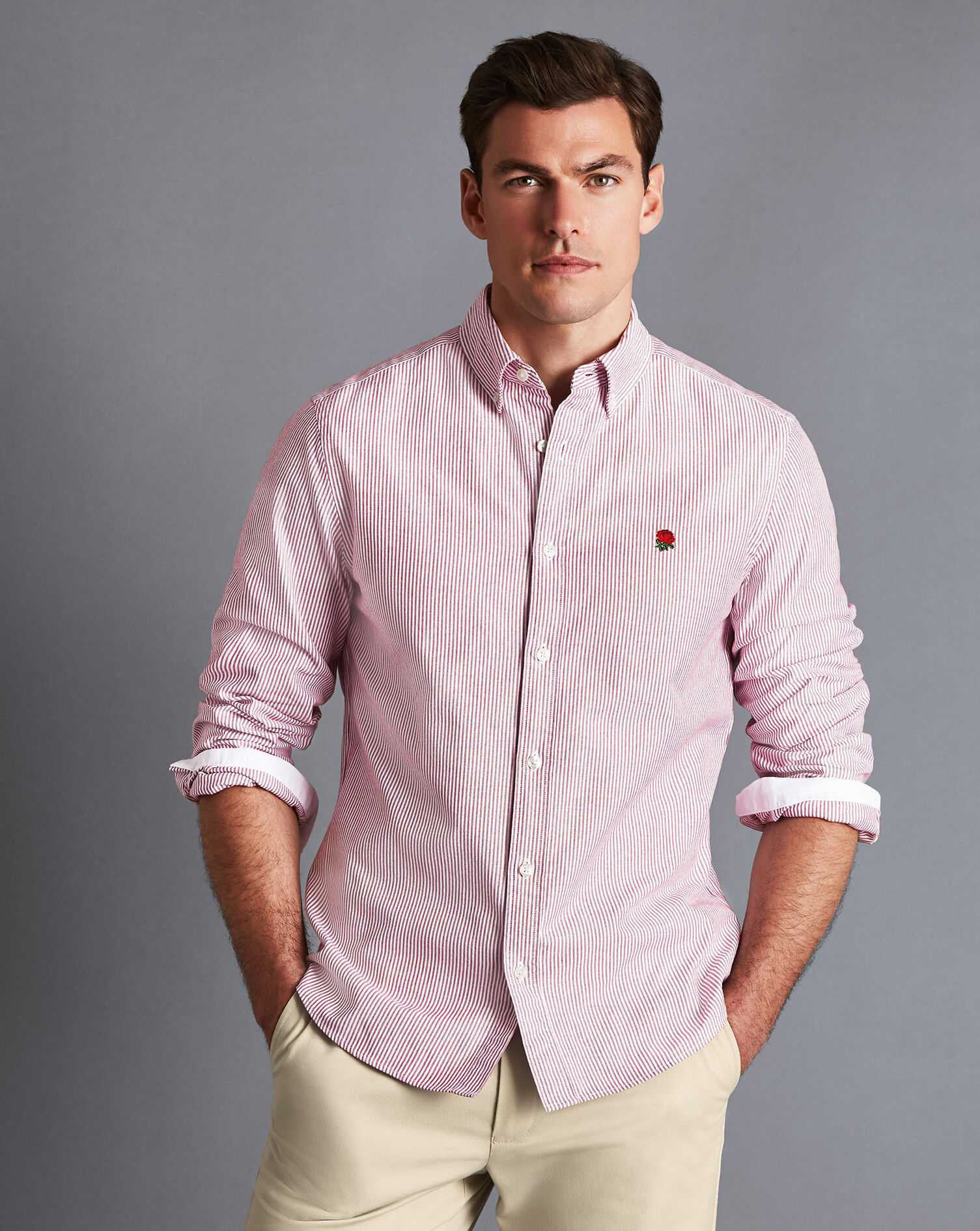 England Rugby Button-Down Collar Washed Oxford Stripe Shirt - Wine Red