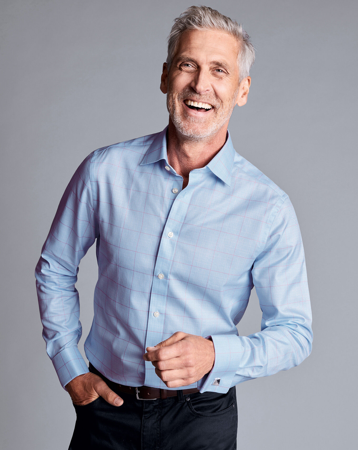 Semi-Spread Collar Egyptian Cotton Prince Of Wales Check Shirt - Sky Blue