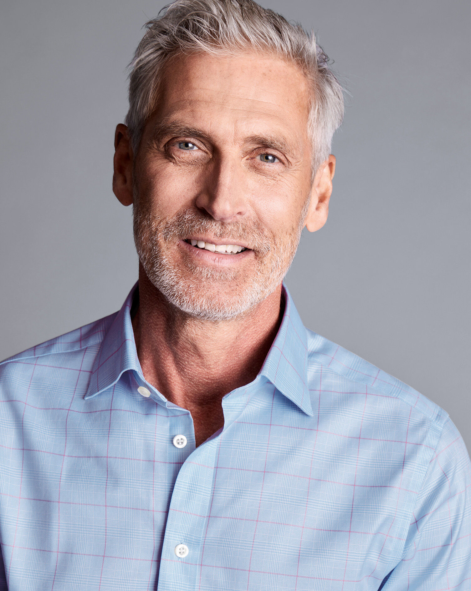 Semi-Spread Collar Egyptian Cotton Prince Of Wales Check Shirt - Sky Blue