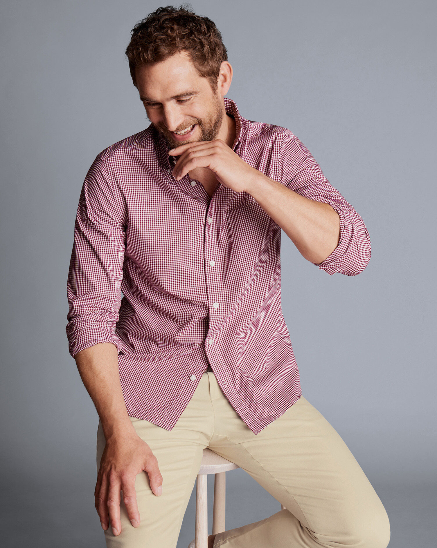 Button-Down Collar Non-Iron Stretch Poplin Mini Gingham Shirt - Raspberry Pink