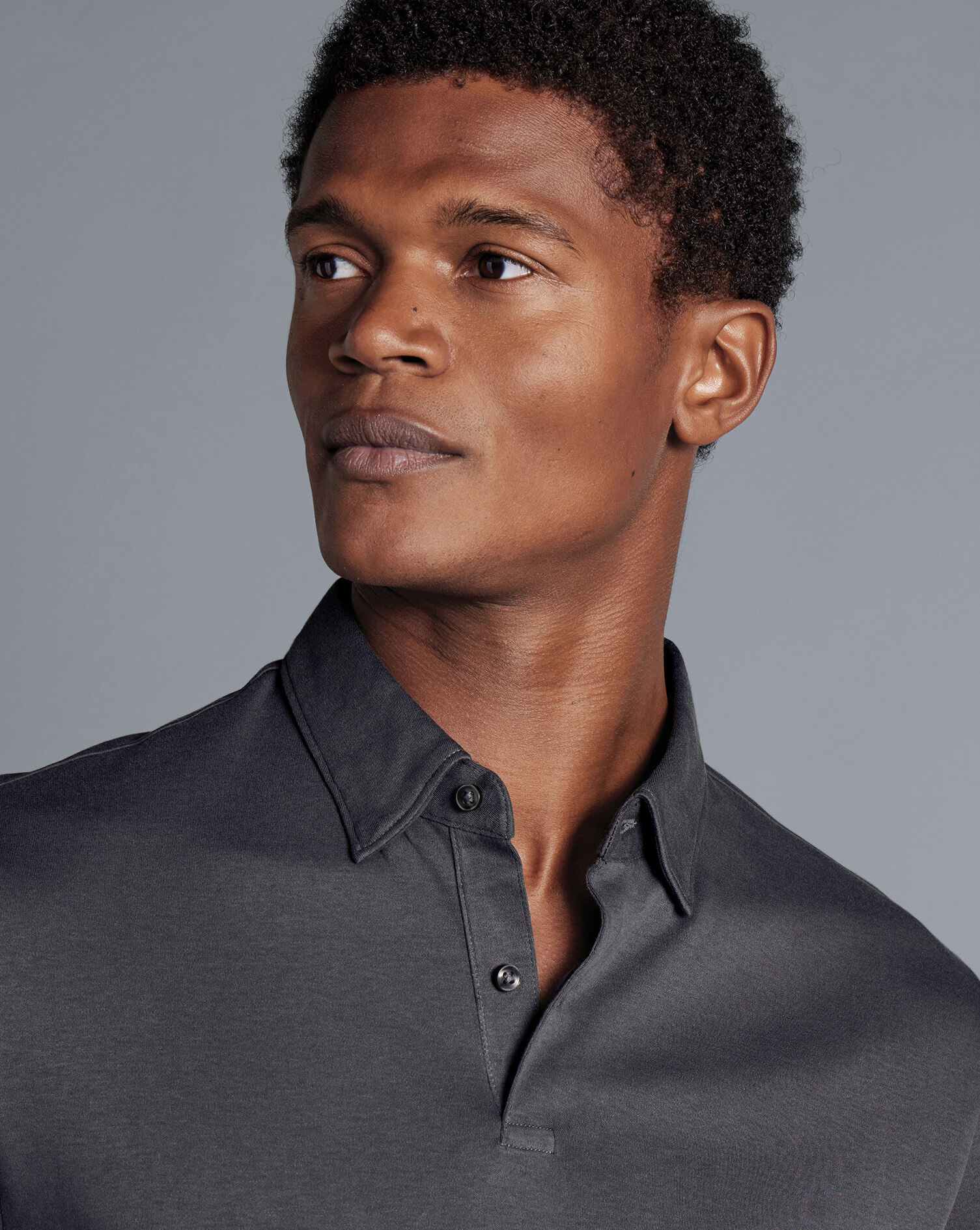 Combed Cotton Long Sleeve Polo - Dark Grey